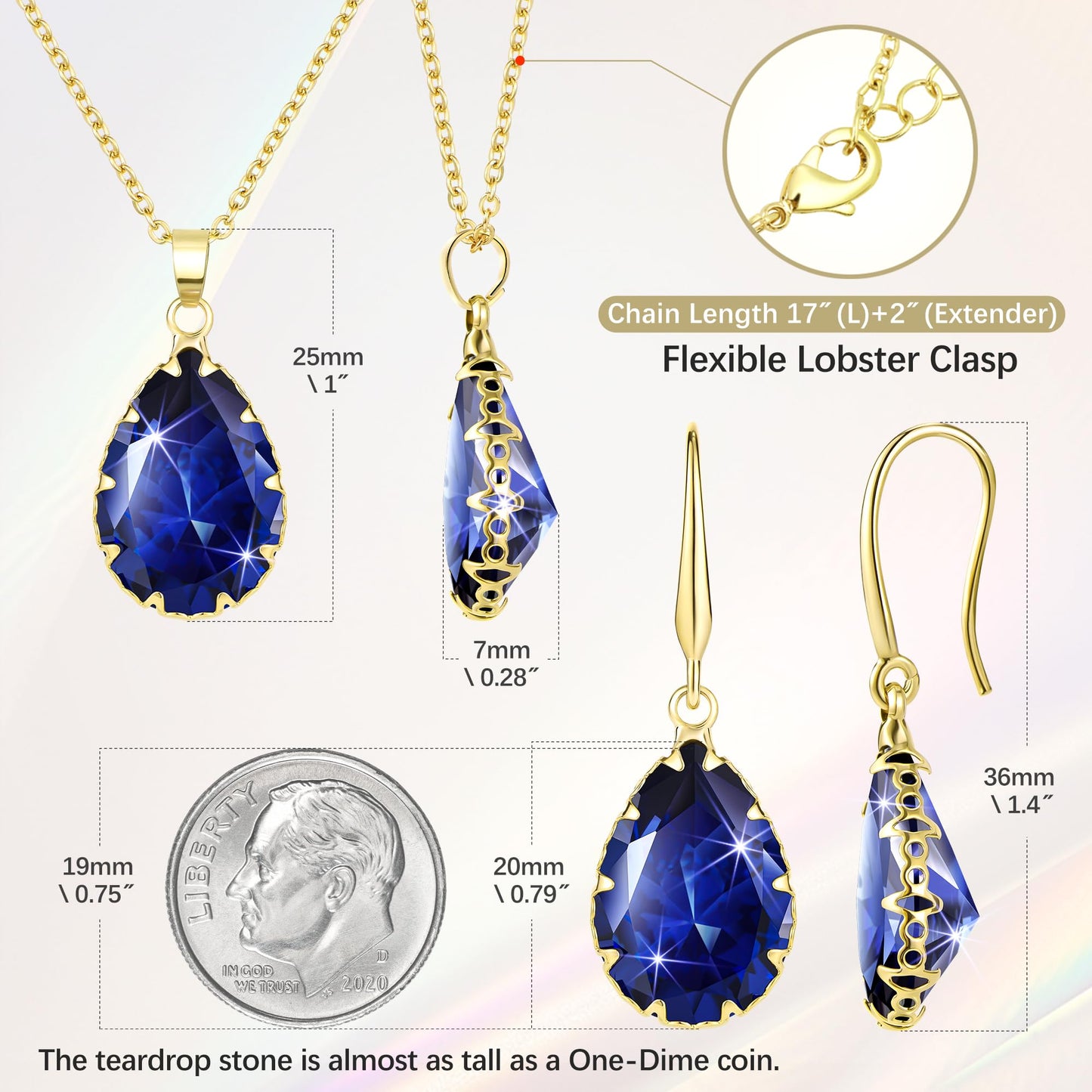 Linawe Sapphire Crystal Gold Earring Set, Blue Pendant Necklace Set, Boho Gold Jewelry Sets for Women, Imitation Diamond Rhinestone Matching Necklace, Cubic Zirconia Birthstone Earrings