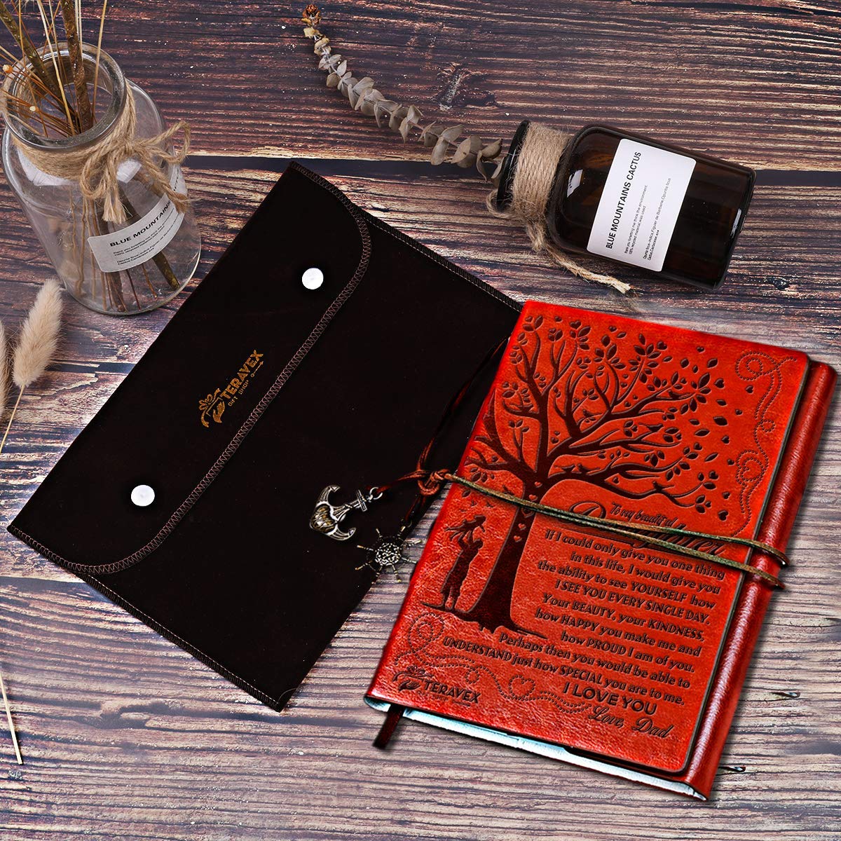 Dad To Daughter Gifts with Inspirational Quotes - Retro Tree of Life Faux Leather Cover Writing Journal, Personal Diary, Lined Journal, Travel, Notebook, Writers Notebook, Refillable for Teen Girls