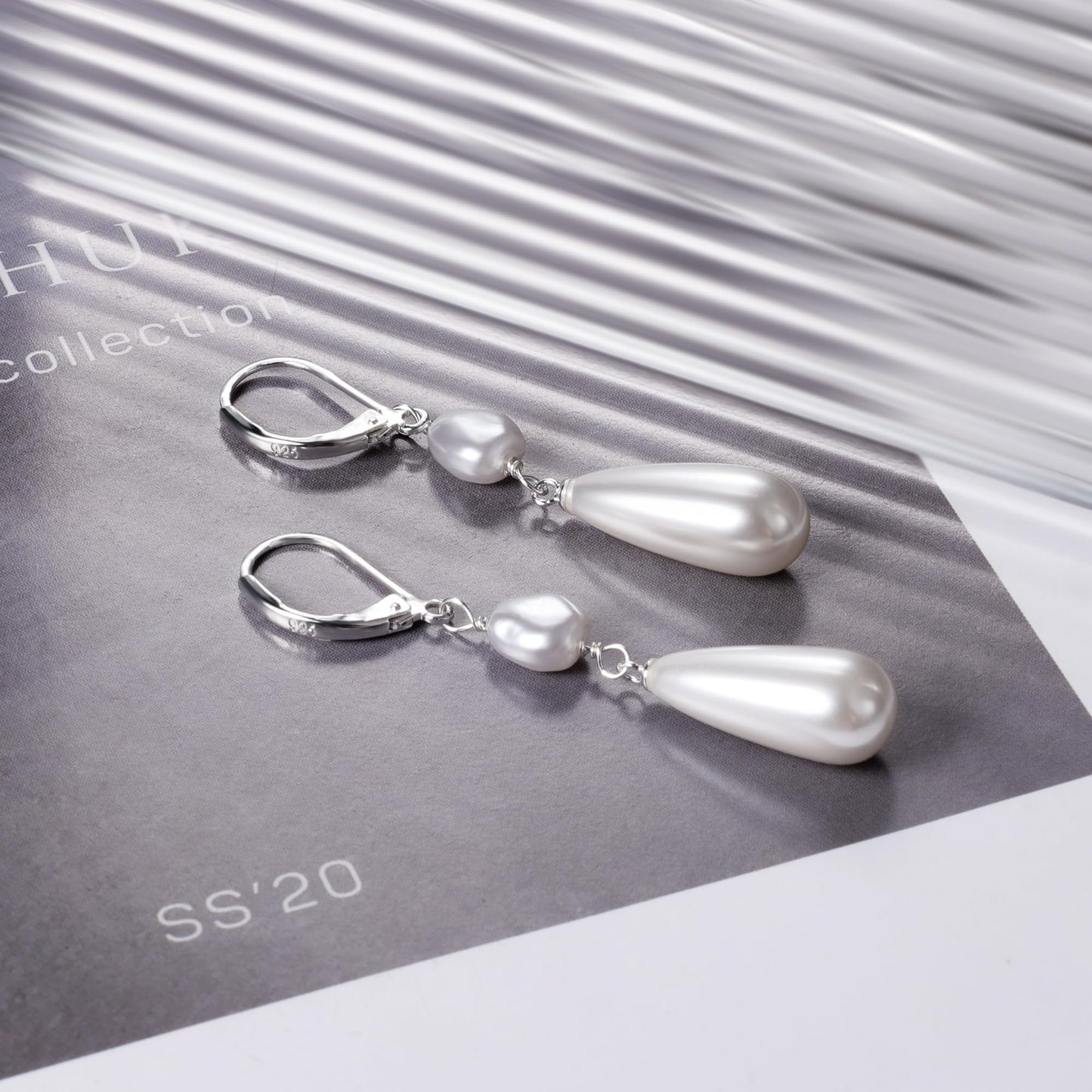 Silver Pearl Dangle Earrings for Women 925 Sterling Silver Double pearl Drop Earrings Leverback Irregular-Pearl Hypoallergenic Earring