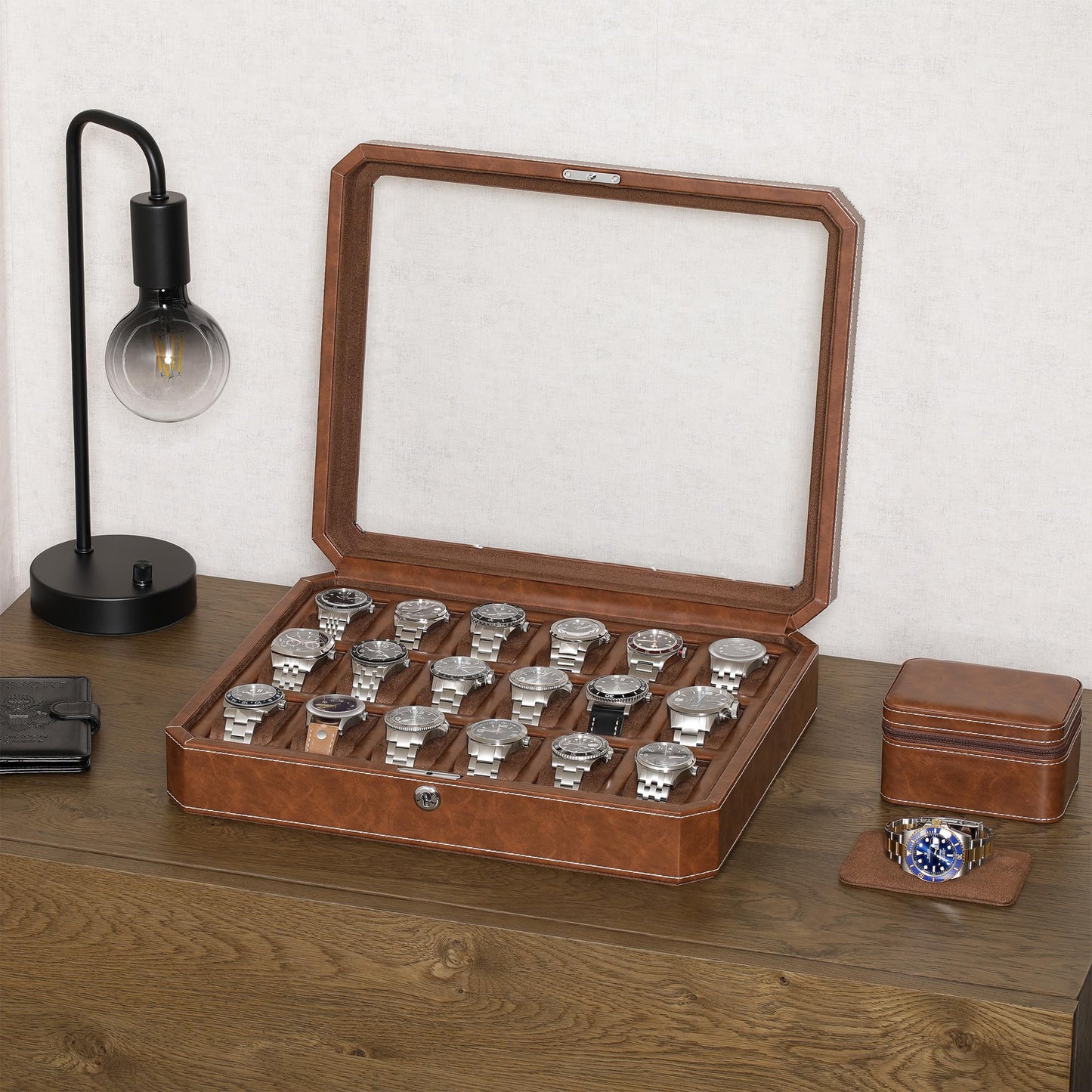 ROTHWELL 18-Slot Watch Case – Luxury Watch Box for Men, Real Glass Top, Lockable, Elegant Display for Collections (Tan/Brown)