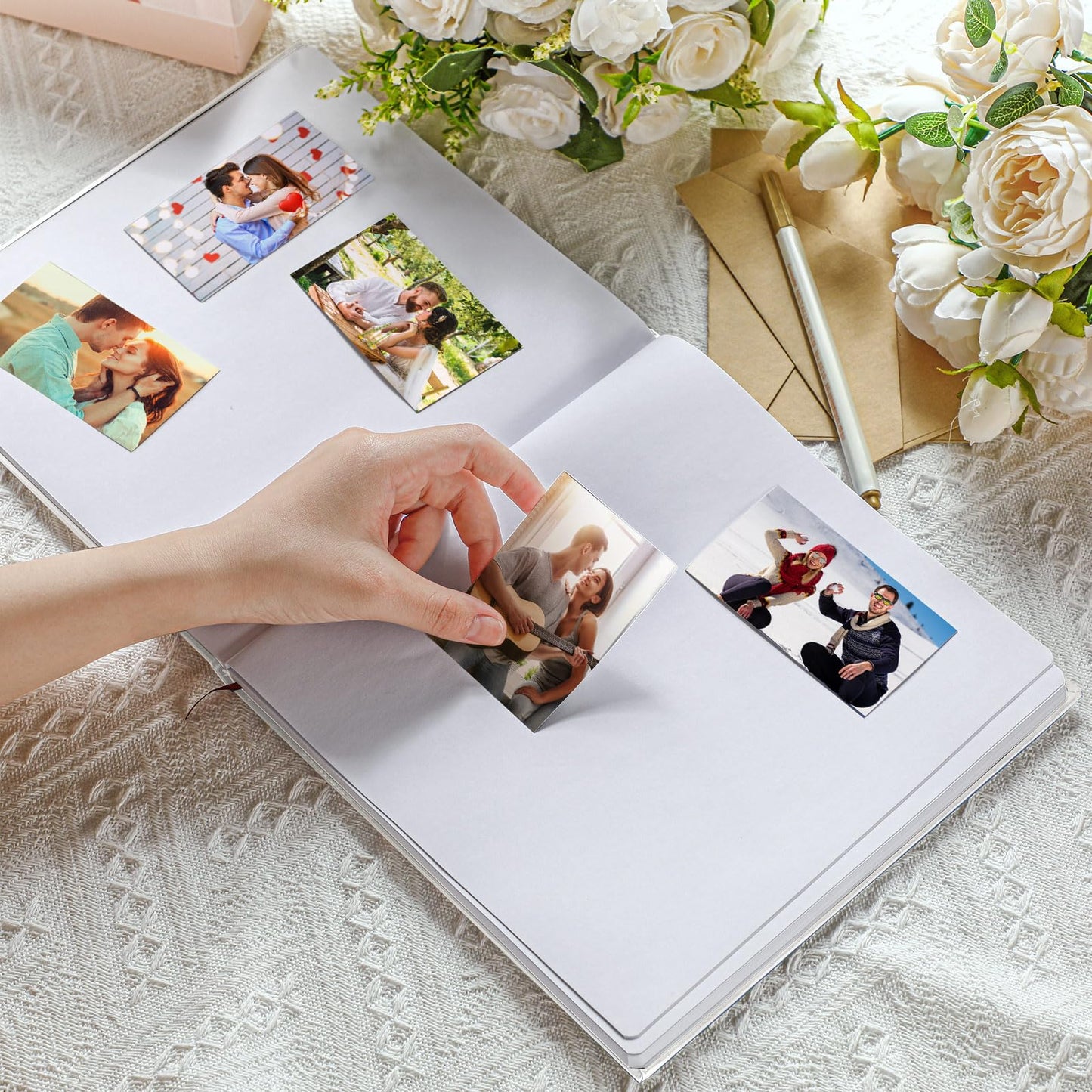 Colarr Hardcover Couples Scrapbook 144 Pages 8.7 x 8.7" Wedding Couples Photo Album Scrapbook Journal for 1 Year Wedding Memory Anniversary Photo Book Gift with 2 Markers(White)