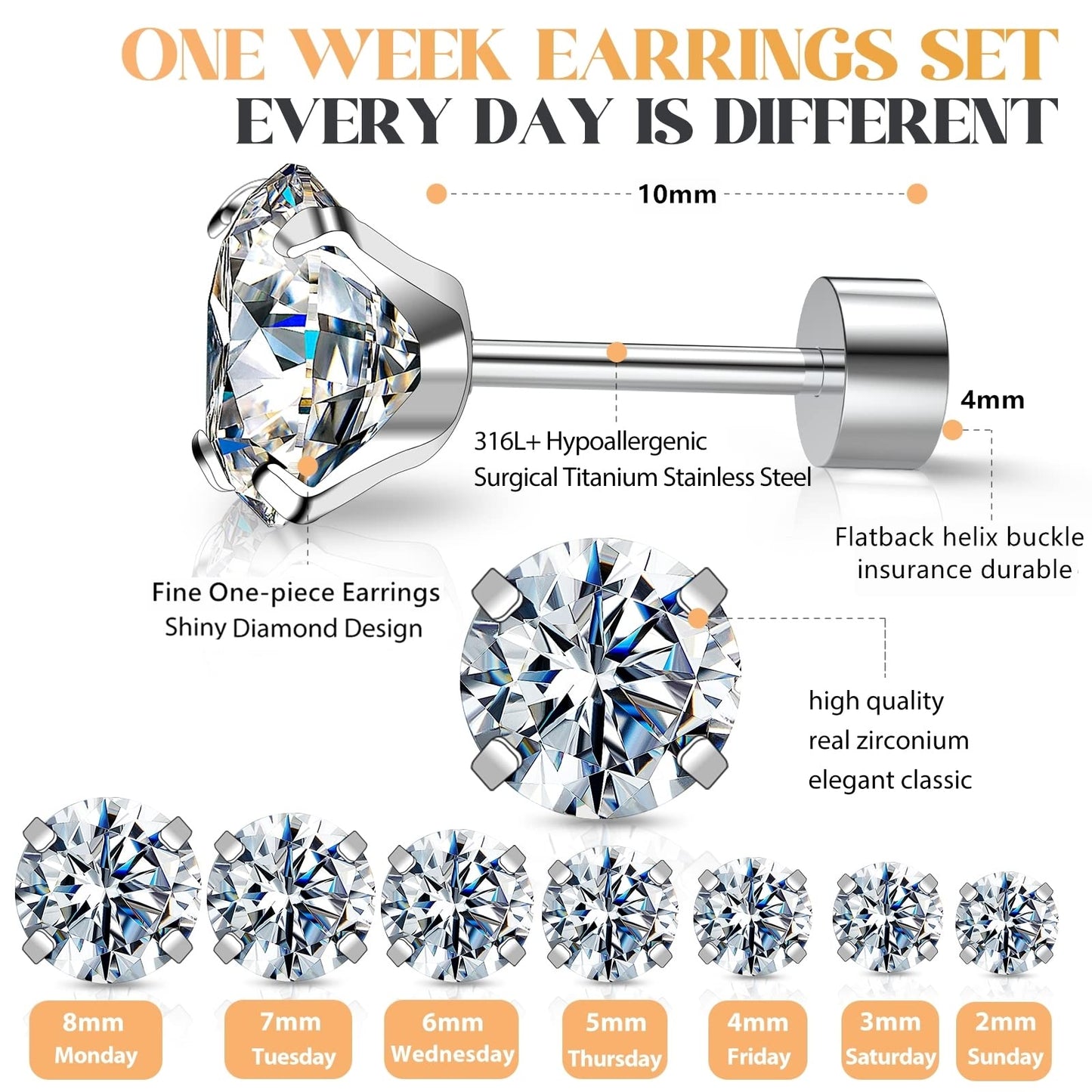 Silver Gold Black Stud Earrings Set 7Pairs Hypoallergenic Cubic Zirconia Titanium Stainless Steel Silver Rose Gold Black Cartilage Stud Hoop Earrings Jewelry Sets for Women Men, 2-8mm CZ Stud Earrings