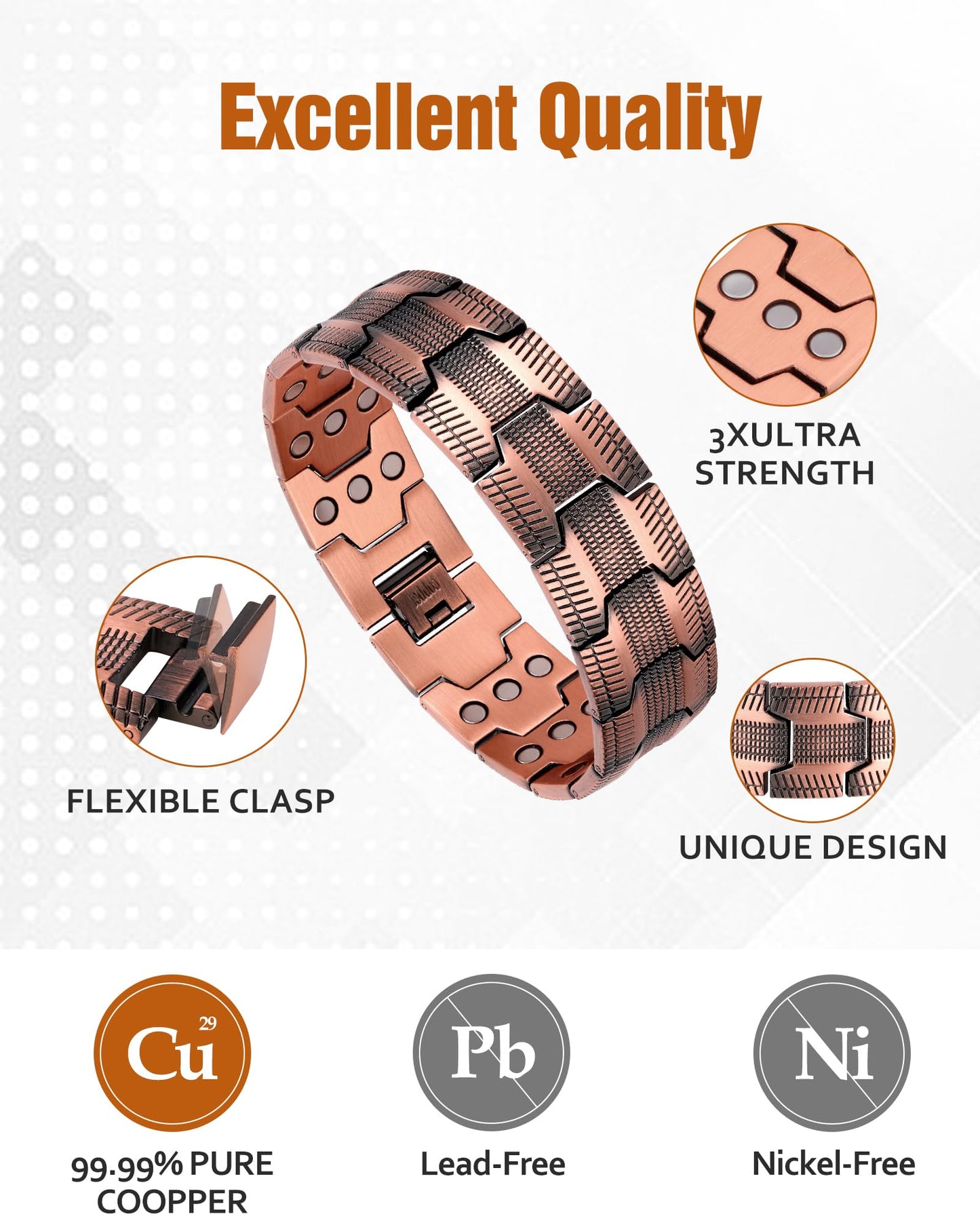 Jecanori 3X Strength Copper Magnetic Bracelet for Men with Adjust Tool and Jewelry Gift Box Included