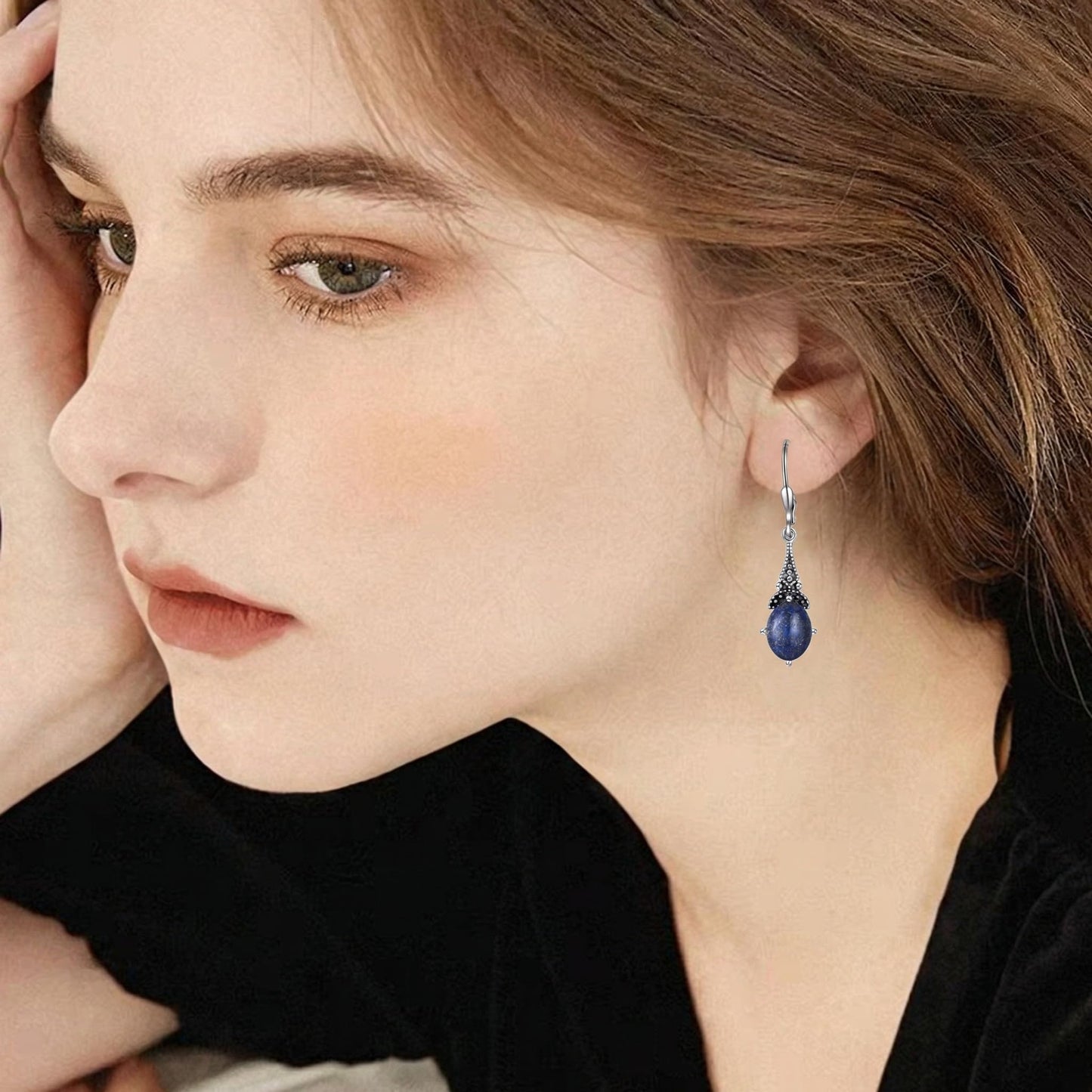 Natural Lapis Lazuli Earrings 925 Sterling Silver Vintage Retro Leverback Dangle Drop Earrings Birthday Jewelry Gifts for Women