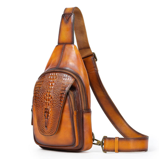 NIUCUNZH Genuine Leather Sling Bag Crocodile Flap Crossbody Purse Shoulder Bag for Travel Everyday Carry Brown
