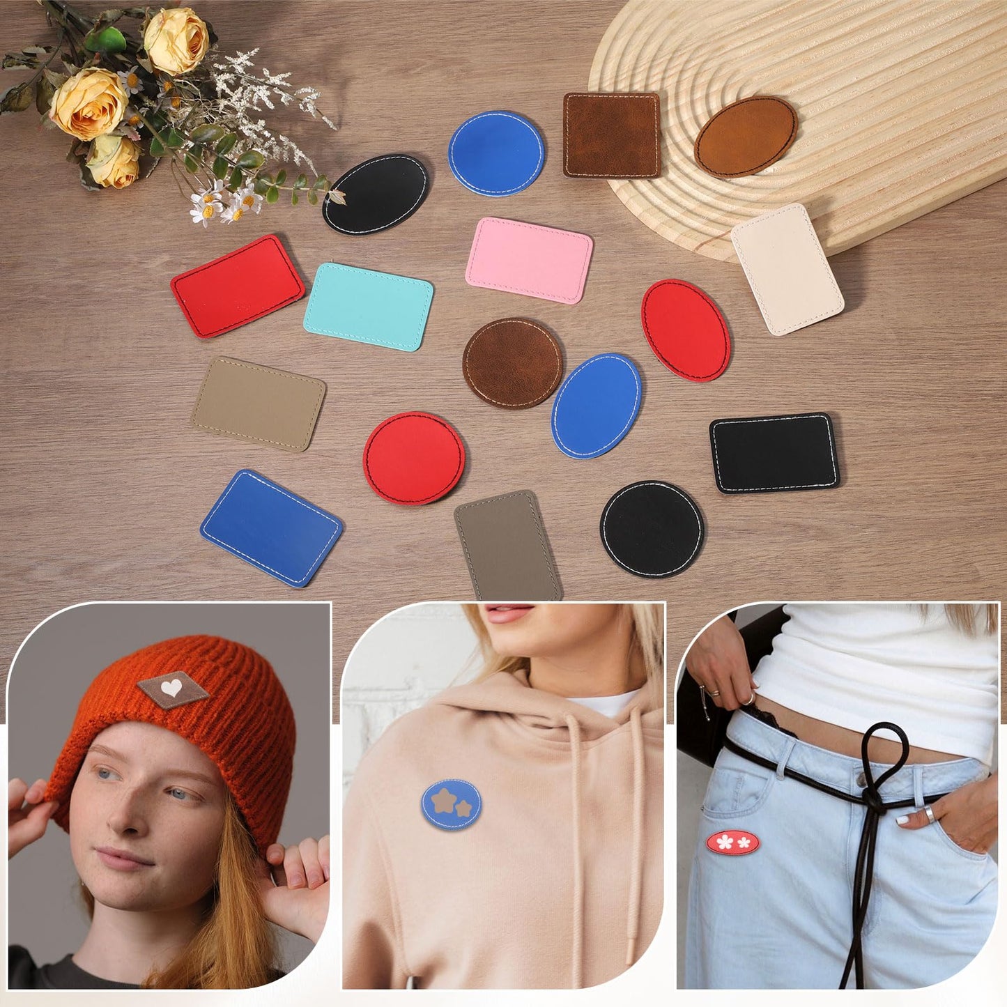 MECCANIXITY Blank Leatherette Patches, Faux Leather Hats Patches Sets with Adhesive Iron-on Heat Press Laserable Rustic for Hats DIY Fabric Repair Sew(Light Brown, Pack of 60)