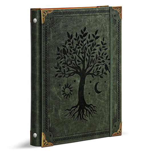 Ovesmusl Leather 3 Ring Binder Fits 8.5"x11" Letter Size Paper, 1 Inch Round Ring Binder Holds 200 Sheets, Notebook Cover Loose Leaf Organizer, Green Tree