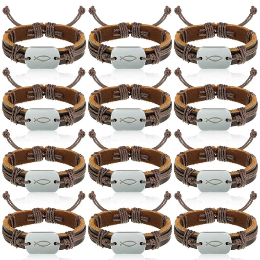 Landical 12 Pcs Fish Bracelet for Men First Communion Confirmation Gifts Men's Leather Wrap Fish Bracelet for Jesus Christian Charms Fishers Bracelets Bulk for Women