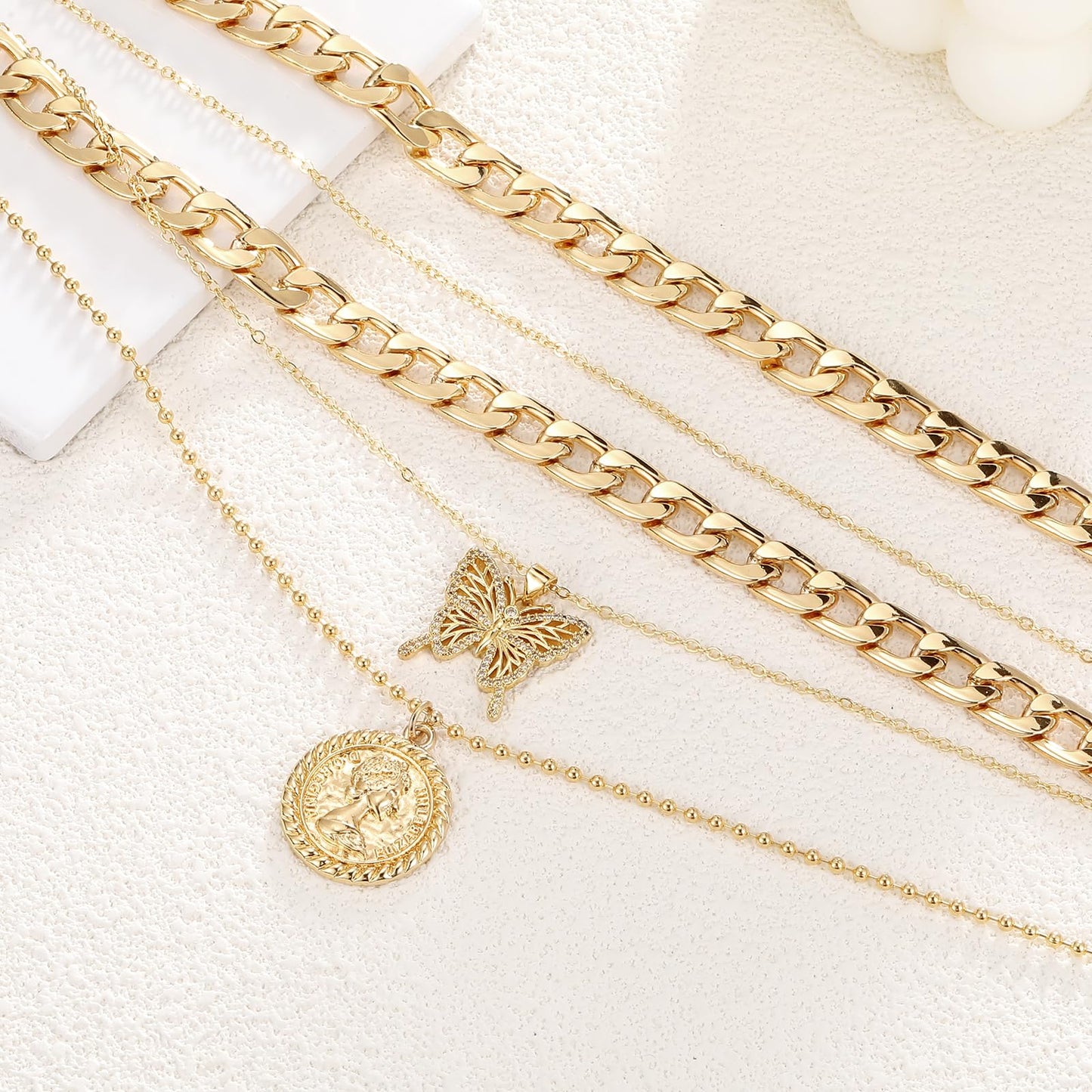MJartoria Gold Layered Necklaces for Women Trendy Retro Coin Pendant Necklace Dainty Chunky Chain Choker Necklaces for Jewelry Birthday Gifts (Gold, A-X-Hollow Butterfly-5 in 1 Layered)