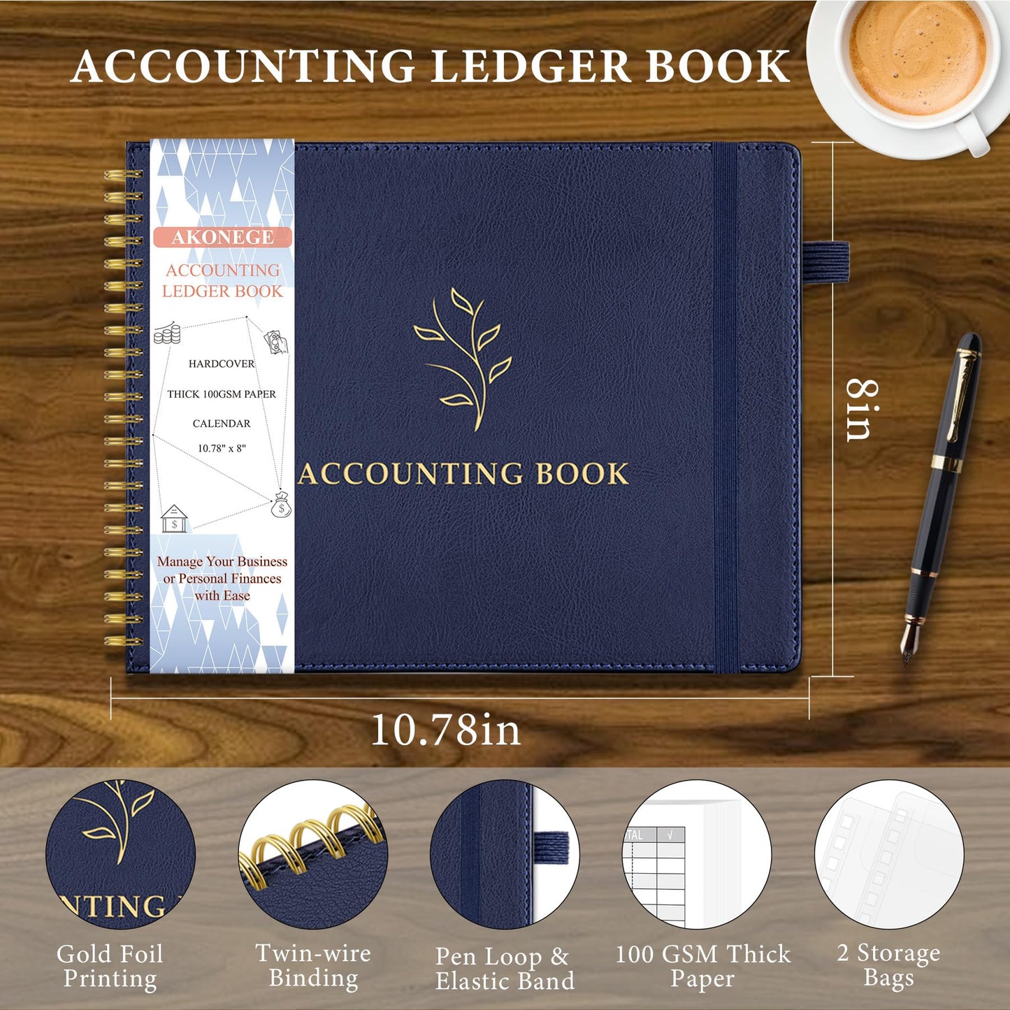 Plastic Cover Accounting Ledger Book Bundled with PU Leather Cover Accounting Ledger Book, Dark Blue Color