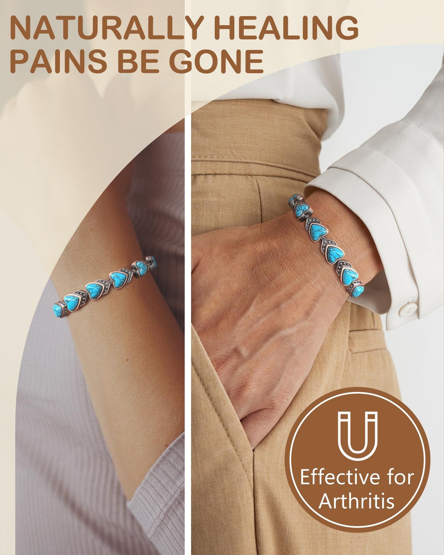 Feraco Pure Copper Bracelets for Women, Ultra Strength Magnetic Bracelet with 3800 Gauss Magnets & Natural Turquois, Adjustable Jewelry