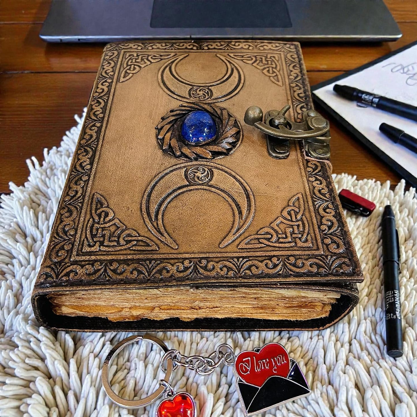 Old Leather Journal, junk notebook Lock Closure, Book of Shadows blank spells, Grimoire, Witch, Vintage 200 pages Antique Deckle Edge Paper Sketchbook and Travel Notebook Stone Moon journal 7x5