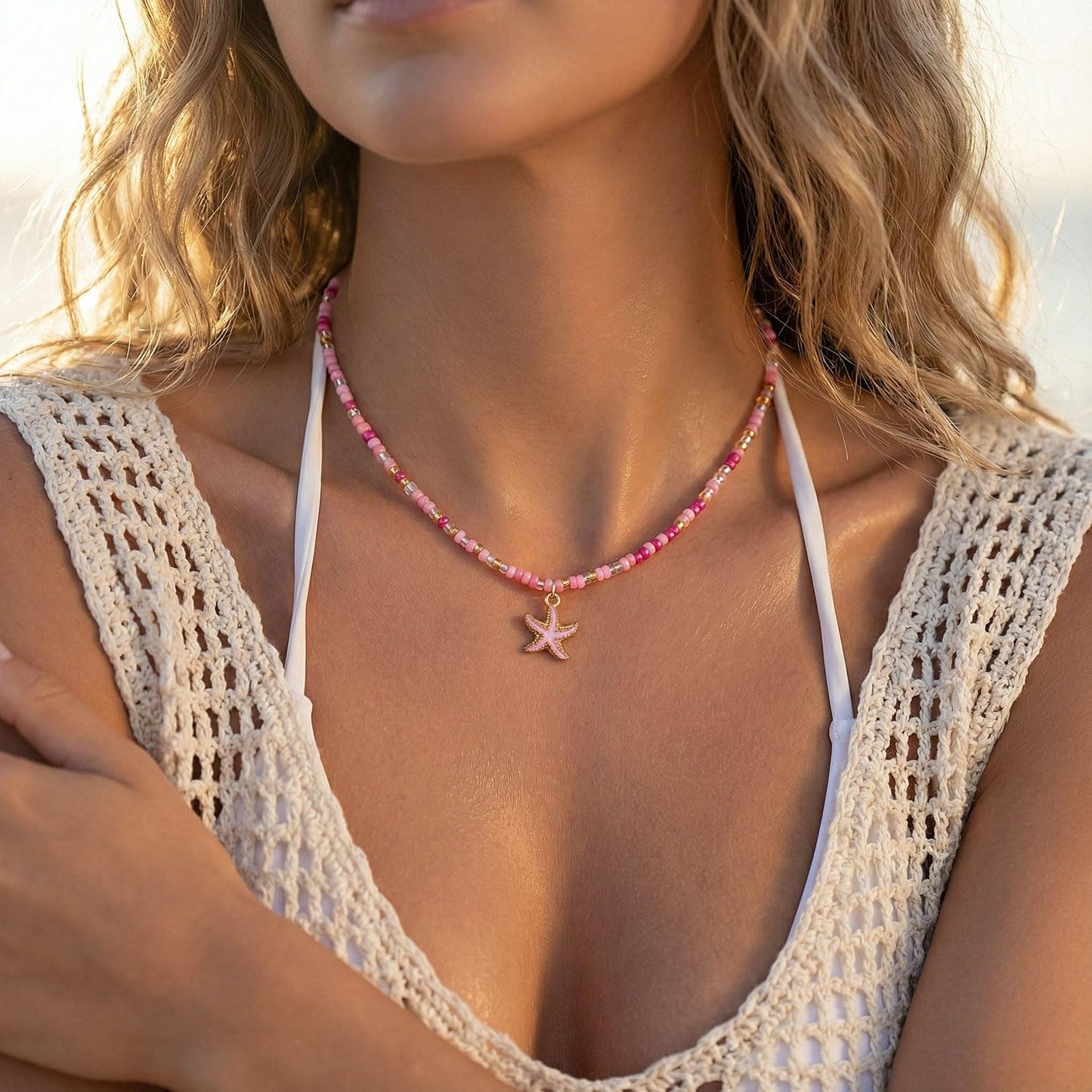 Lameybrt Cowrie Shell Surfer Necklaces, Hawaiian Beach Handmade Choker Set for Women, White Rice Bead with Black Accents, Bohemian Summer Seashell Choker 2 Piece Set, Perfect for Summer Beach Vacation, Birthday, Mother’s Day & Holiday Gifts (Shell 15 Pink