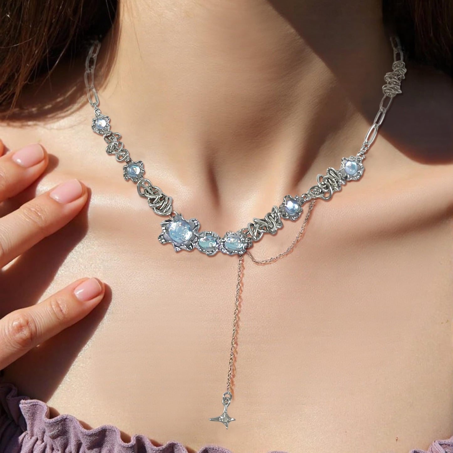 Buyongwant Irregular necklace for Women Y2k chain Moonstone Cat Eye Stone Star Fashion Asymmetric tassel pendant Silver Jewelry