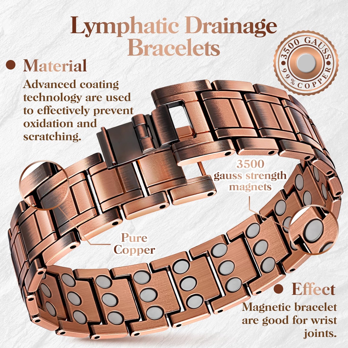 Mahnco Copper Magnetic Bracelet for Men, 3X Ultra Strength 99.99% Pure Copper Bracelets with Magnets,Men's Magnetic Jewelry with Adjustable Sizing Tool