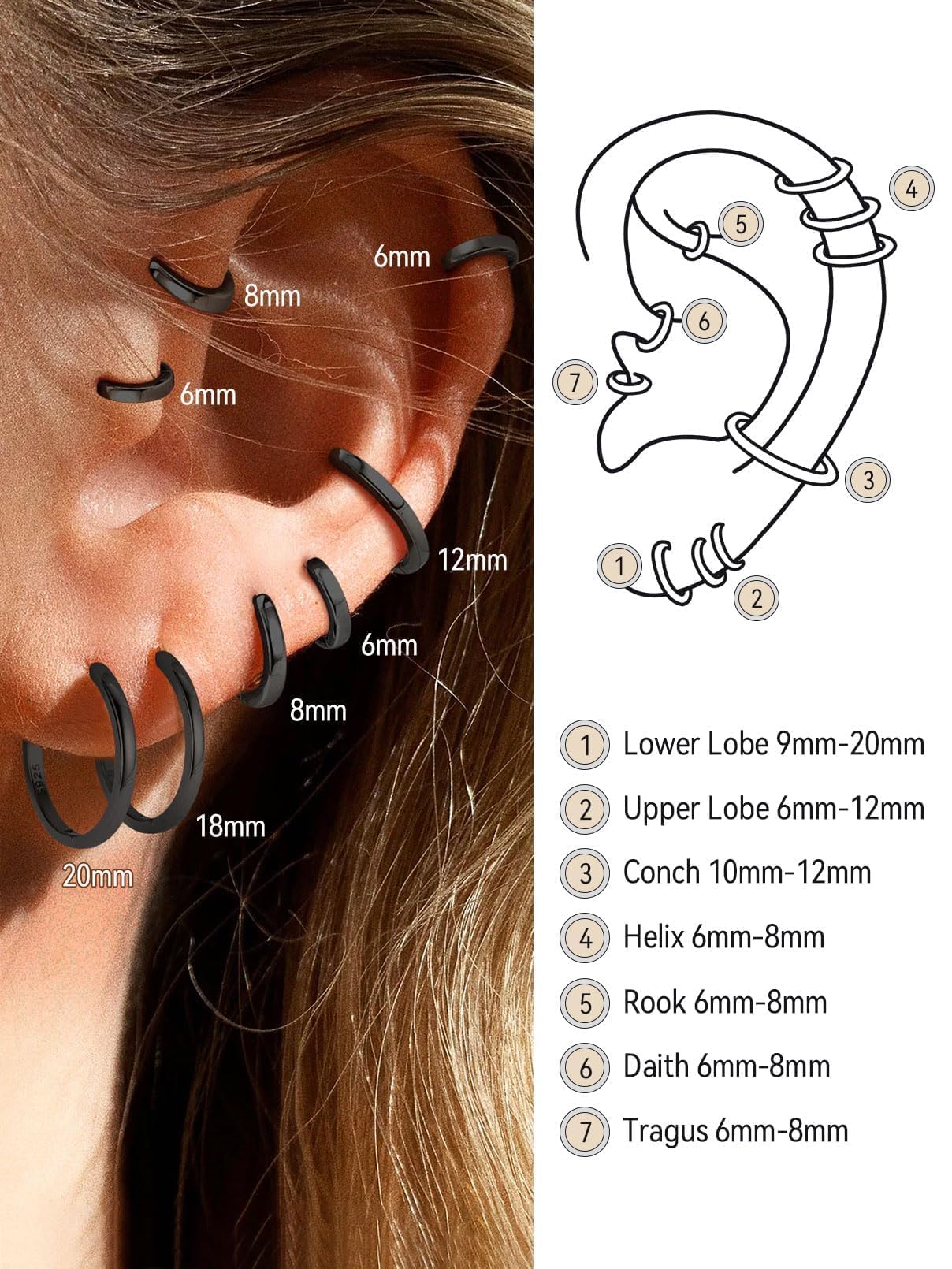FaithHeart 925 Sterling Silver Huggie Hoop Earrings, Small Silver Hoop Earring for Women, Black Hypoallergenic Cartilage Earrings for Women 8mm