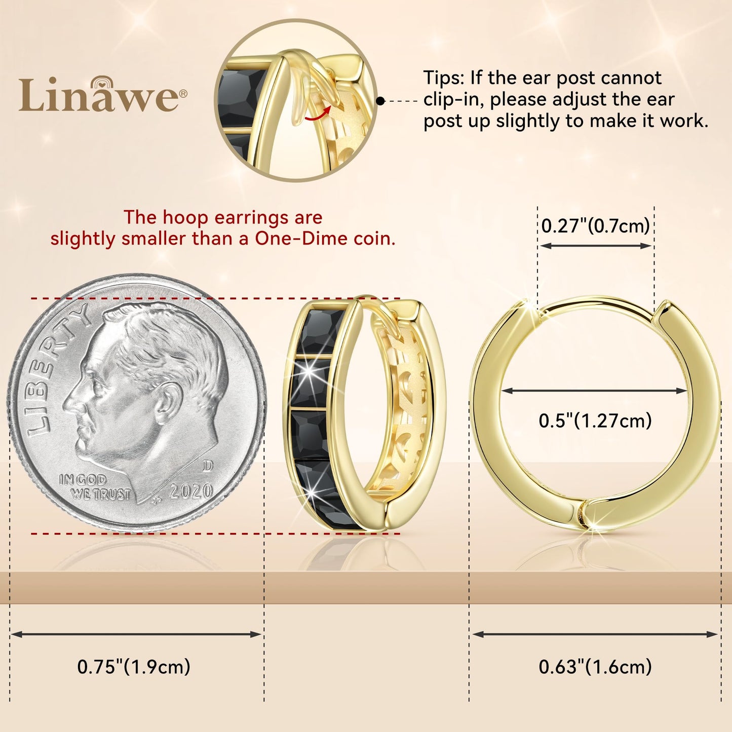 Linawe Gold Hoop, Black Stud Earrings for Women Trendy, Helix Earrings, Moissanite Cubic Zirconia Rhinestone Imitation Diamond Huggie Earrings, Piercing Jewelry, Small Mini Tiny Hoop
