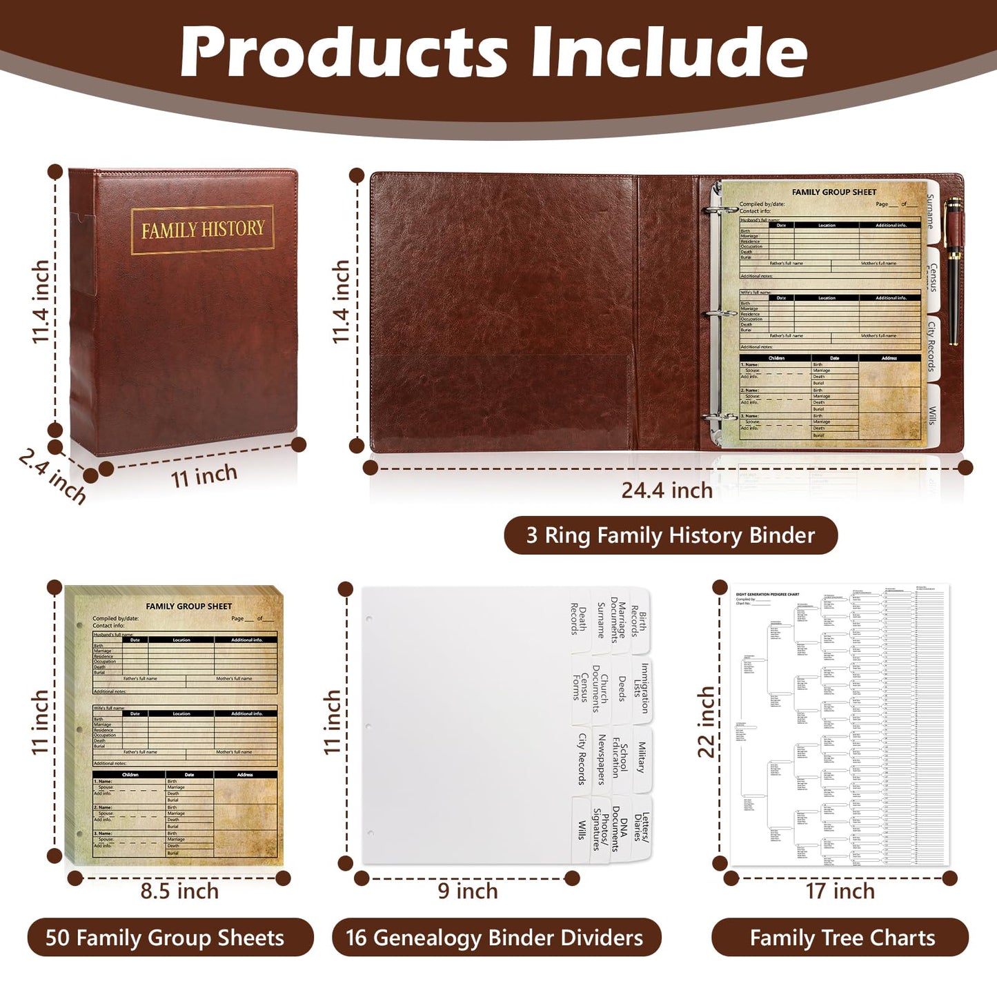 3 Ring Family History Binder 50 Sheet 12th Generation Family Group Sheets 16 Sheets Genealogy Binder Dividers Family Tree Charts to Fill in with PVC Pocket Pen Loop Brown