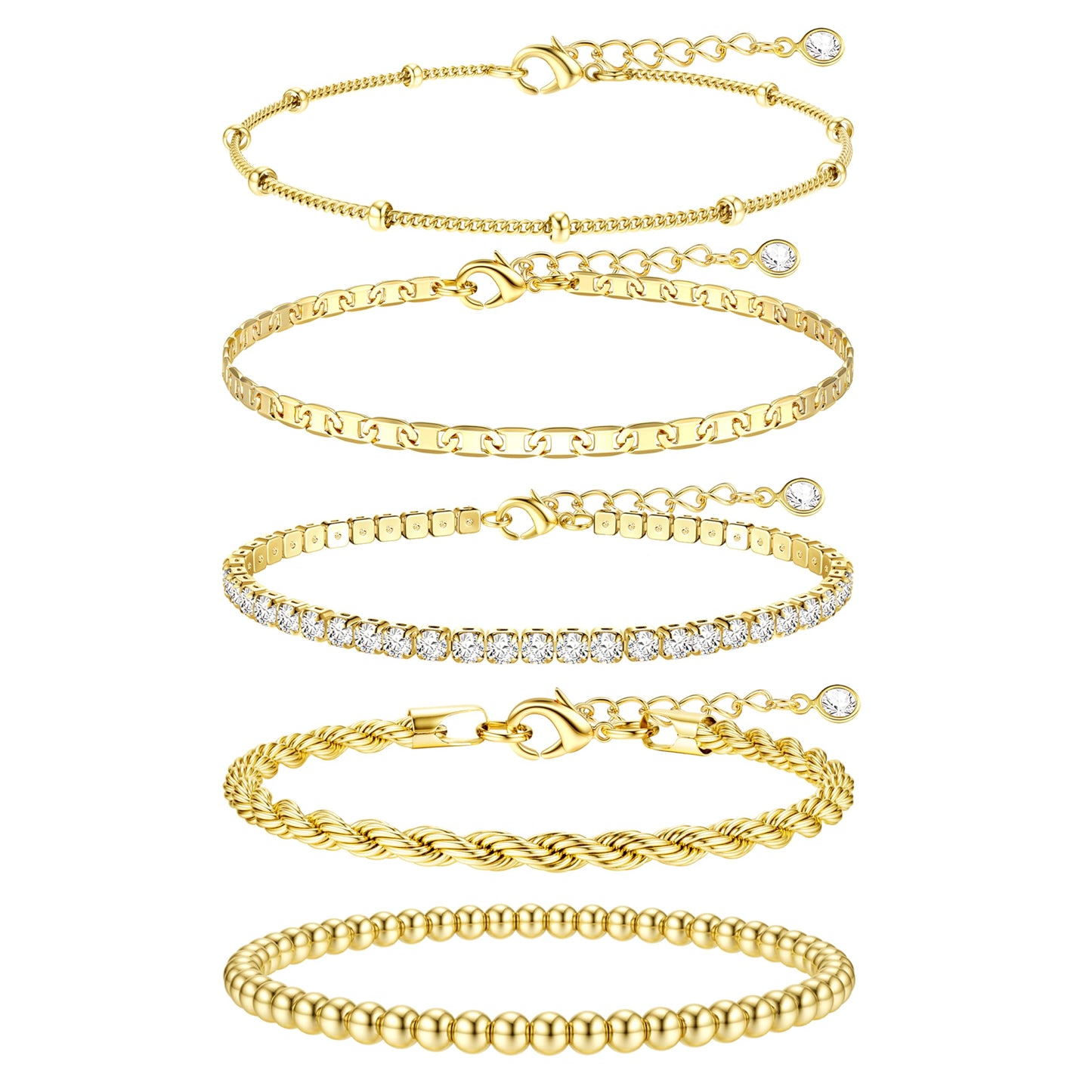 TEN MIRO 16k Chunky Gold Plated Bracelets for Women Non Tarnish,Womens Gold Plated Bracelet Stack Layered Chunky Chain Bracelets Waterproof Link Bracelets Rope Tennis Satellite Bead Ball Bracelet Jewelry Gifts for Womens