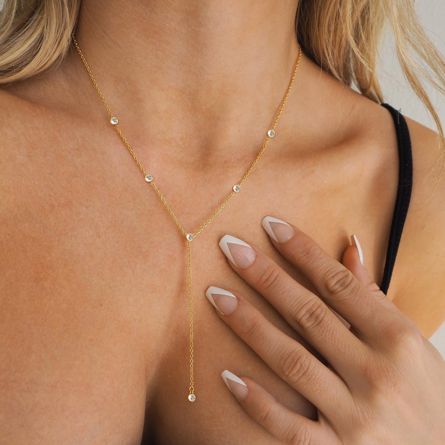 FUCJOEE Dainty Gold Necklace for Women, 14K Gold Plated CZ Y Shaped Lariat Necklace Cute Long Necklaces for Women Trendy Simple Drop Necklace Summer Gold Jewelry Gifts