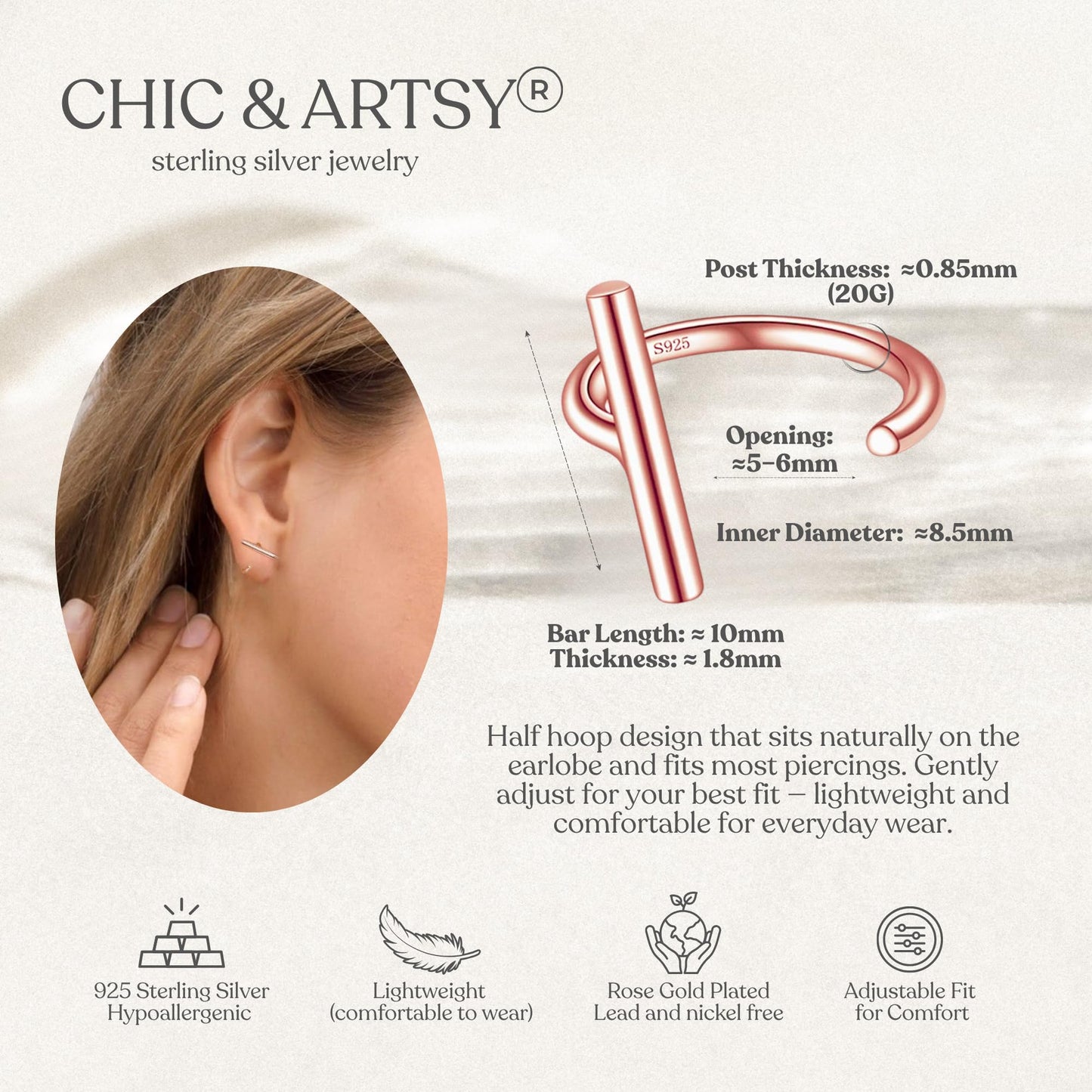 Half Hoop Earrings 18K Rose Gold Plated 925 Sterling Silver Bar Huggie Earrings for Women Small Open Hoops Sleep Hugger Earrings