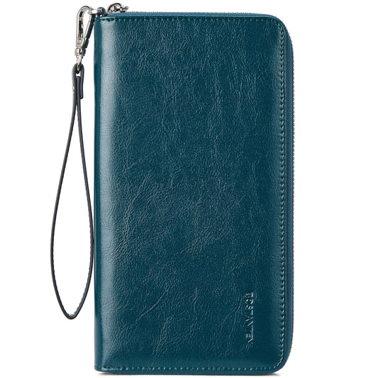 BOSTANTEN Leather Wallet for Women RFID Blocking Zip Around Credit Cards Holder Phone Clutch Peacock Blue