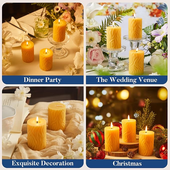 Crenovo Natural Beeswax Pillar Candles 3 Pack, 100% Pure Beeswax Candles Bulk with 180 Hours Burn Time, Organic Bees Wax Candles for Home, Party, Prayer, Non-Toxic Dripless Smokeless 2.8x4 Inch