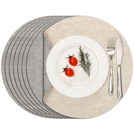 Myir JUN Reversible Vinyl Round Placemats Set of 8, Faux Leather Place Mats Dual Sided Waterproof Wipeable, Heat-Resistant Table Mats for Kitchen Dining Indoor Outdoor (14", Light Gray Cream-White)