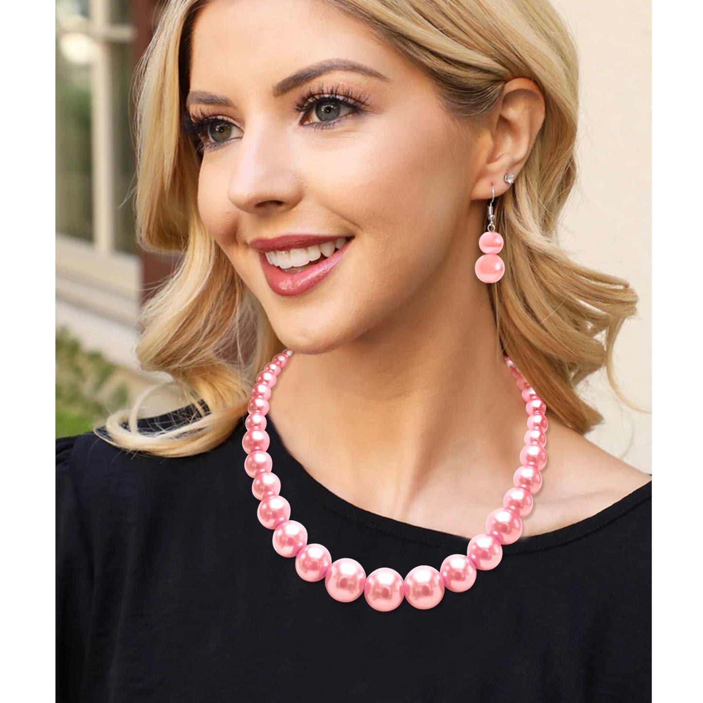 Cryshimmer Pink Pearl Choker Necklace for Women Faux Pearl Beads Necklace Earring Set Costume Jewelry