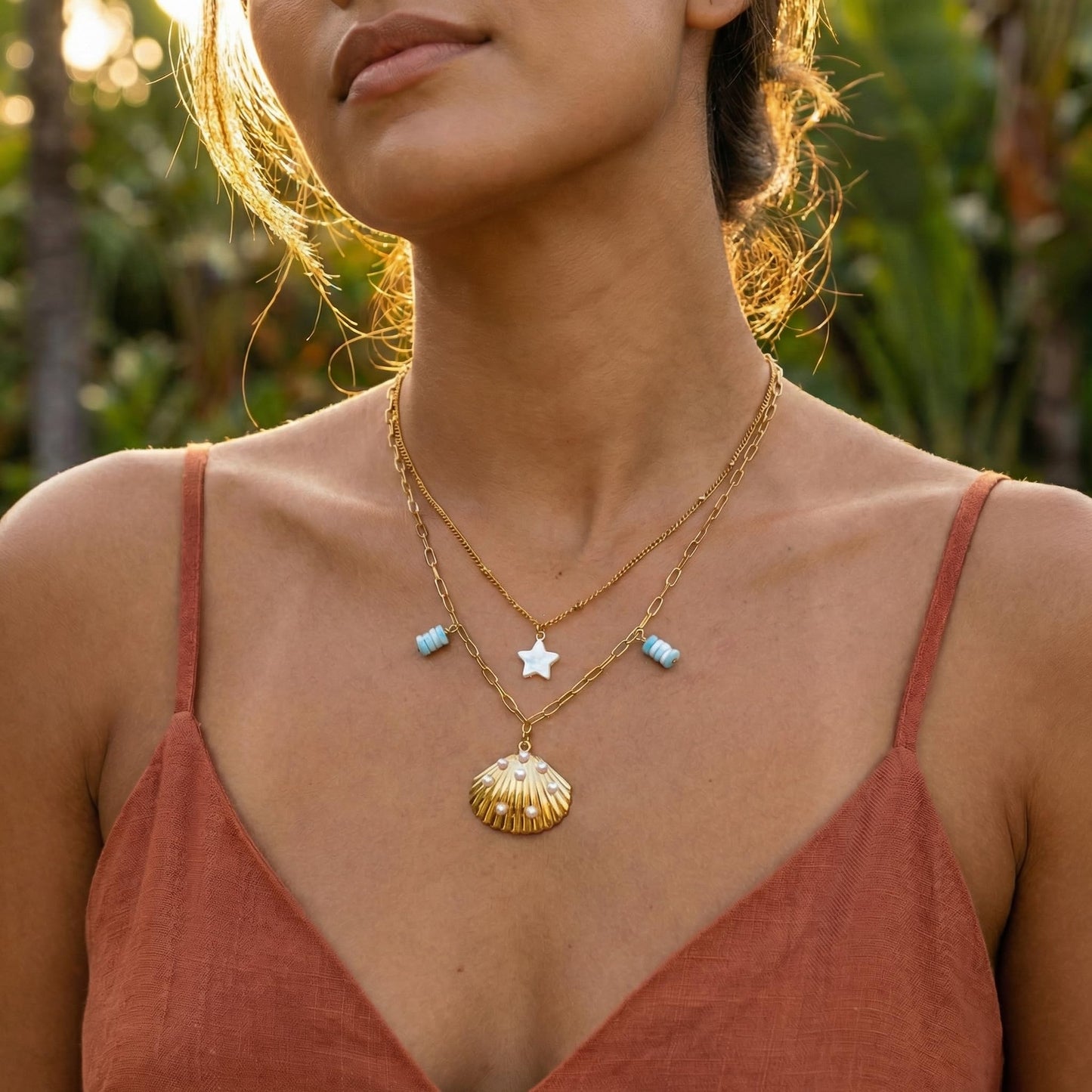 Harlermoon Gold Starfish Necklace for Women - 18K Gold Plated Stainless Steel Ocean Beach Jewelry, Sea Turtle Shell Pearl Pendant, Waterproof Non Tarnish Snake Chain Choker, Summer Vacation Mermaid Gifts (Shell Pearl Star)
