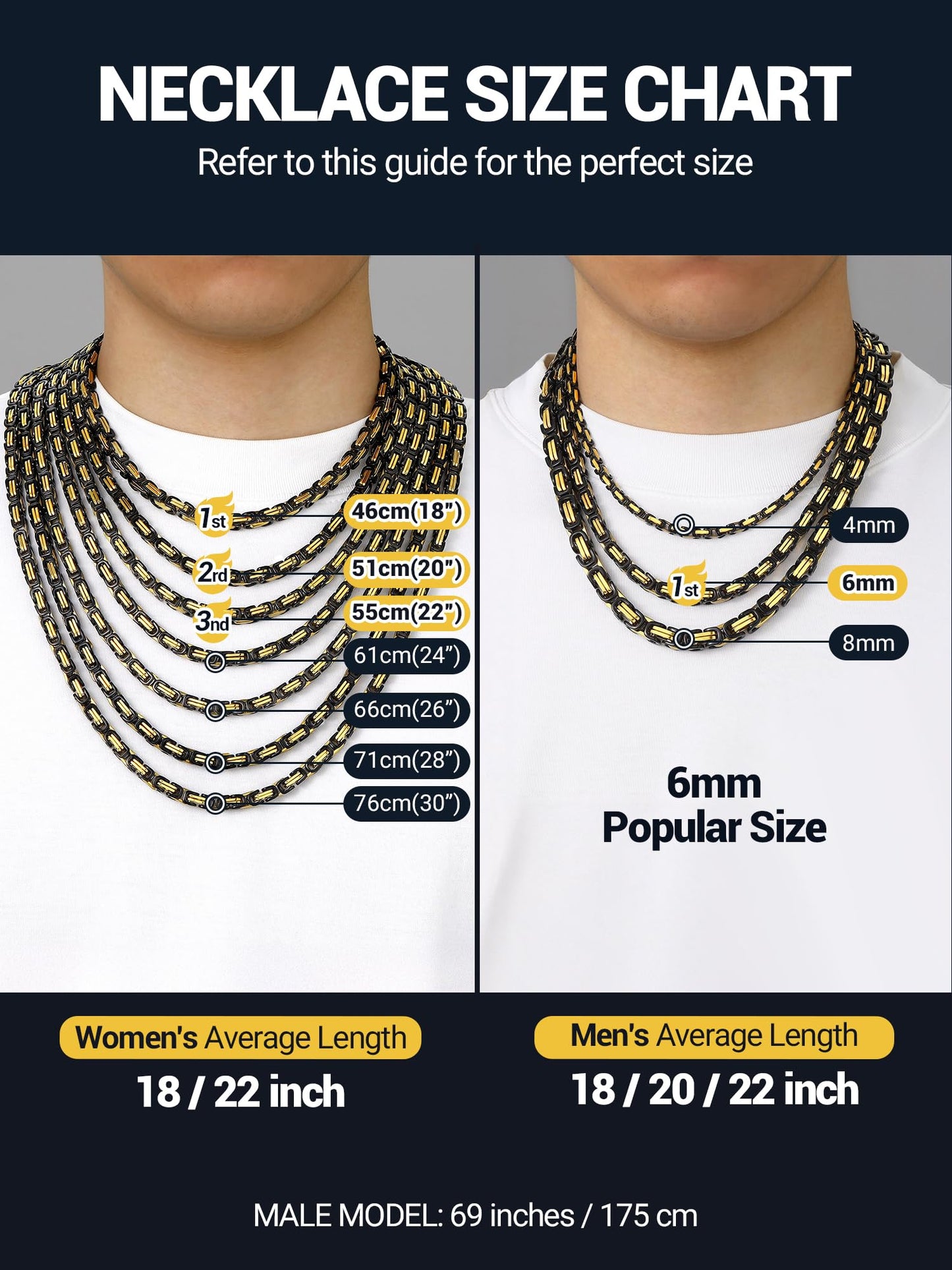 PROSTEEL Byzantine Necklace Gold Black Stainless Steel Chain For Men Necklaces 24 Inch