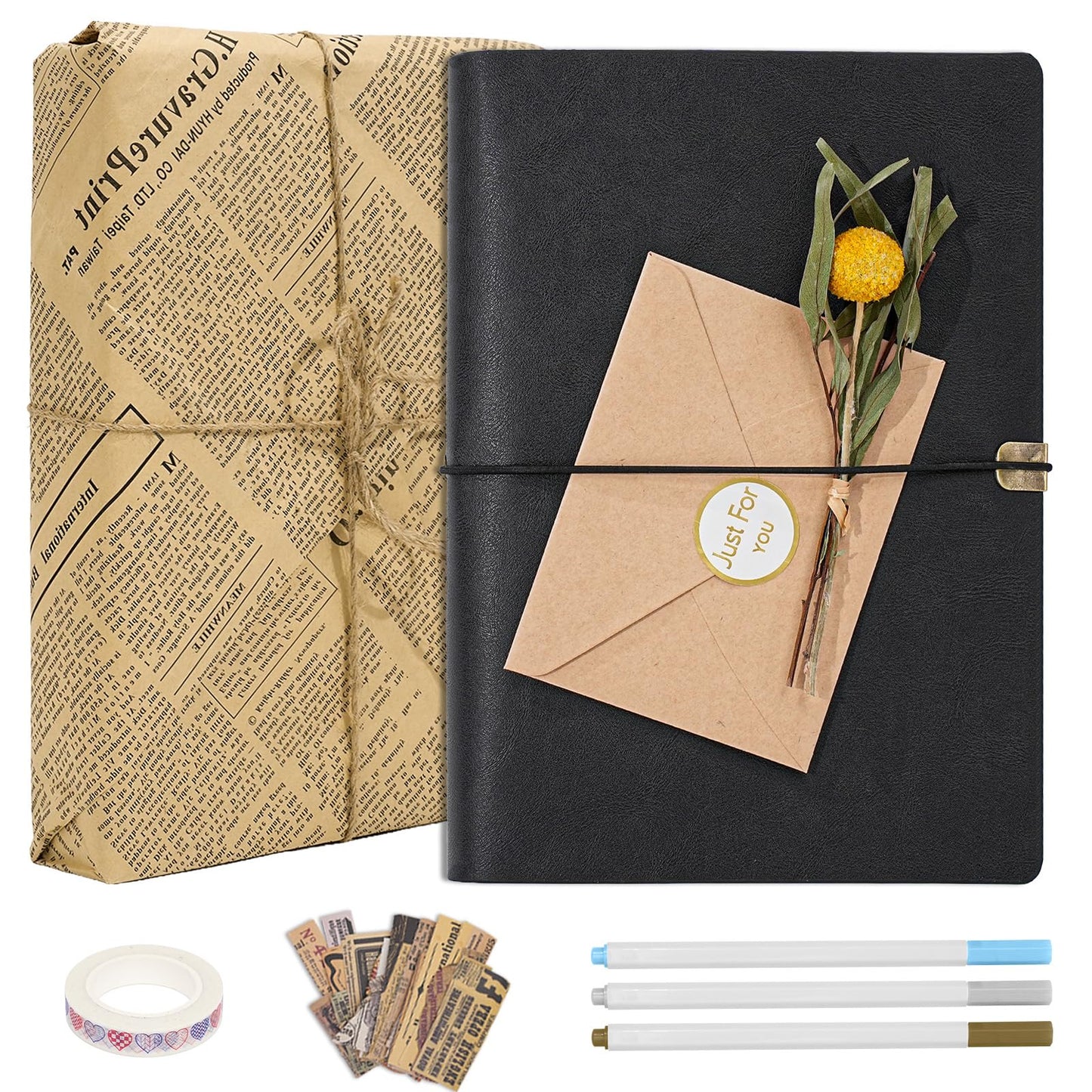 Vienrose Photo Album Scrapbook Kit, 3 Ring Faux Leather Cover DIY Memory Book Kraft Paper with 30 Sheets 60 Pages, Vintage Scrapbooking Supplies Set for Wedding, Anniversary, Valentine Gifts, Black