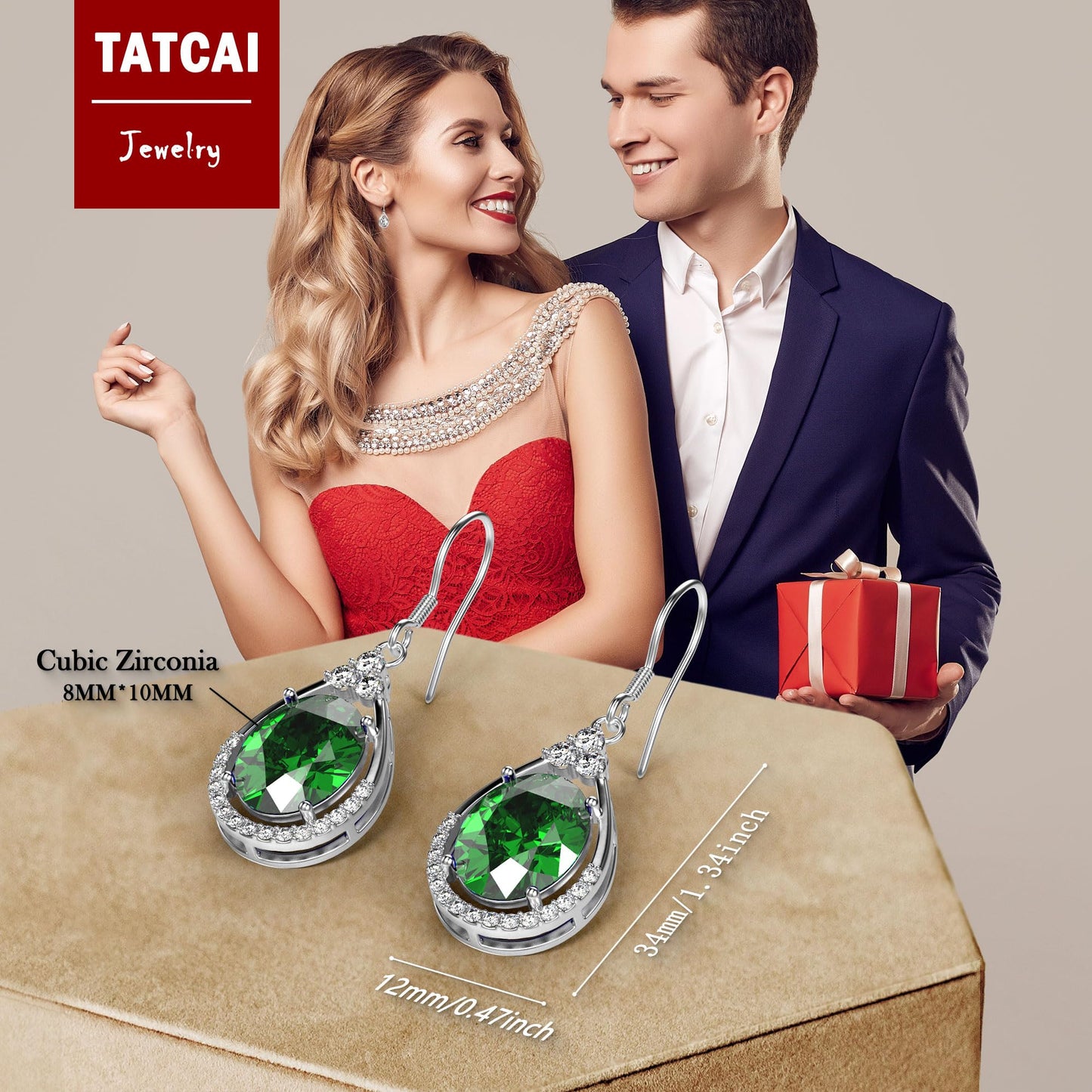 18K White Gold Plated Sterling Silver Oval Cut Cubic Zirconia Drop Dangle Earrings for Women Hypoallergenic Statement Earrings Gifts for Women Mom (Emerald)