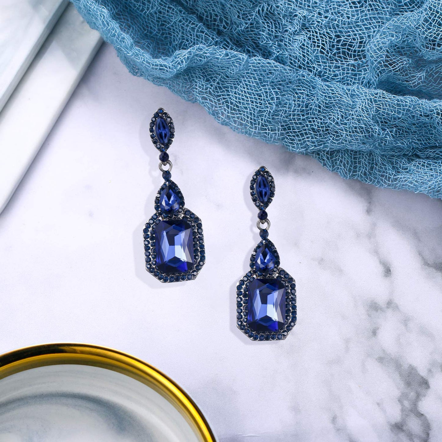 BriLove Wedding Bridal Dangle Earrings for Women Emerald Cut Crystal Infinity Figure 8 Chandelier Jewelry Navy Blue Sapphire Color Black-Silver-Tone