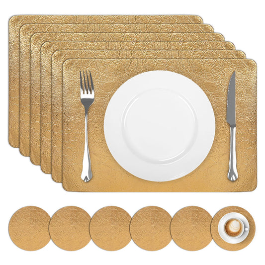 comfoyar Faux Leather Placemats Set of 6 with Coasters, 12x17inch Non-Slip Heat Resistant Dual-Sided Gold Crackled Place Mats, Washable Waterproof Table Mats for Kitchen Dining Party Table Decoration