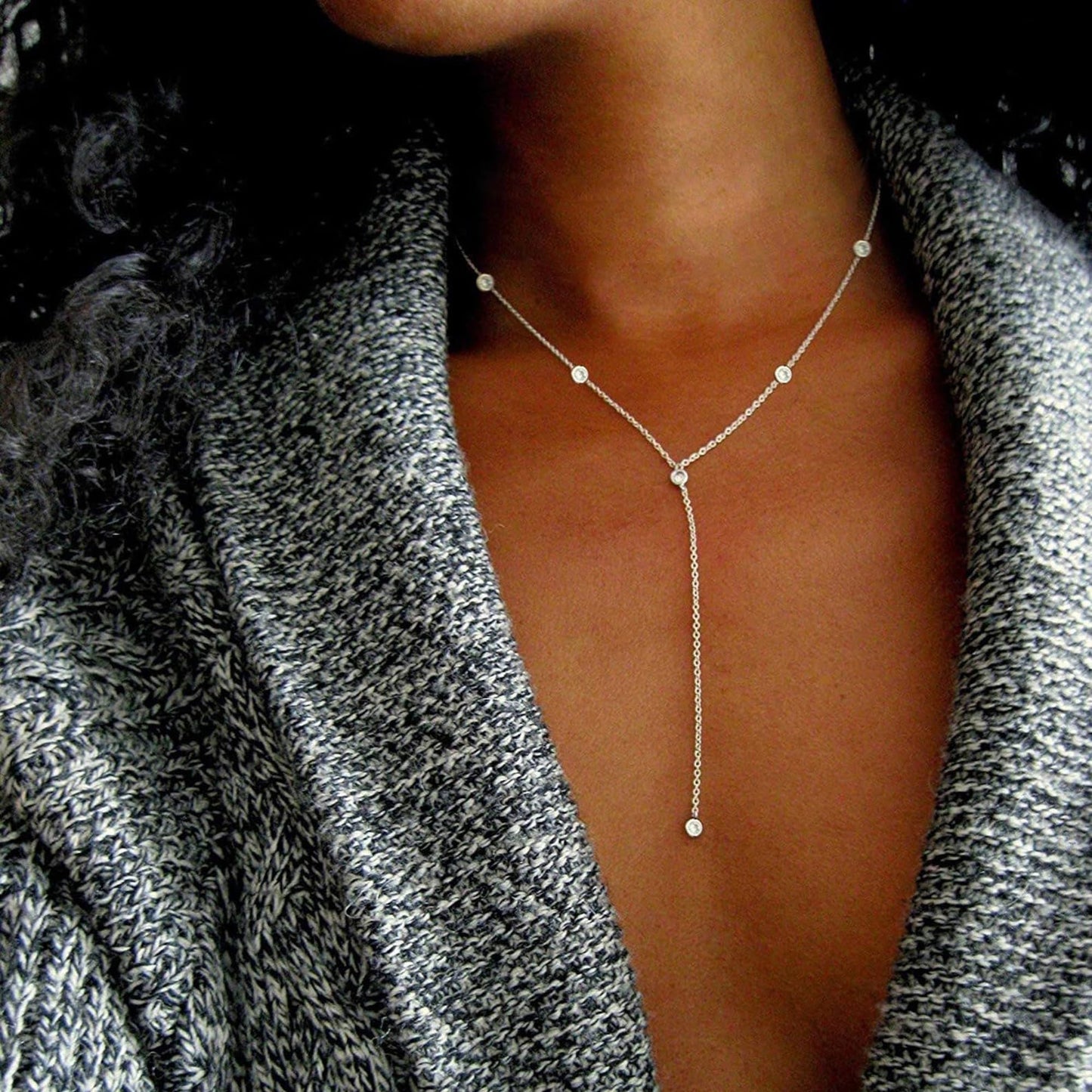 Fwlisesa Silver Necklaces for Women, Dainty Long Silver Necklaces Charm Silver Lariat Necklace Simple Y Drop Necklace for Women Prom Trendy Silver Prom Jewelry Gifts for Womens