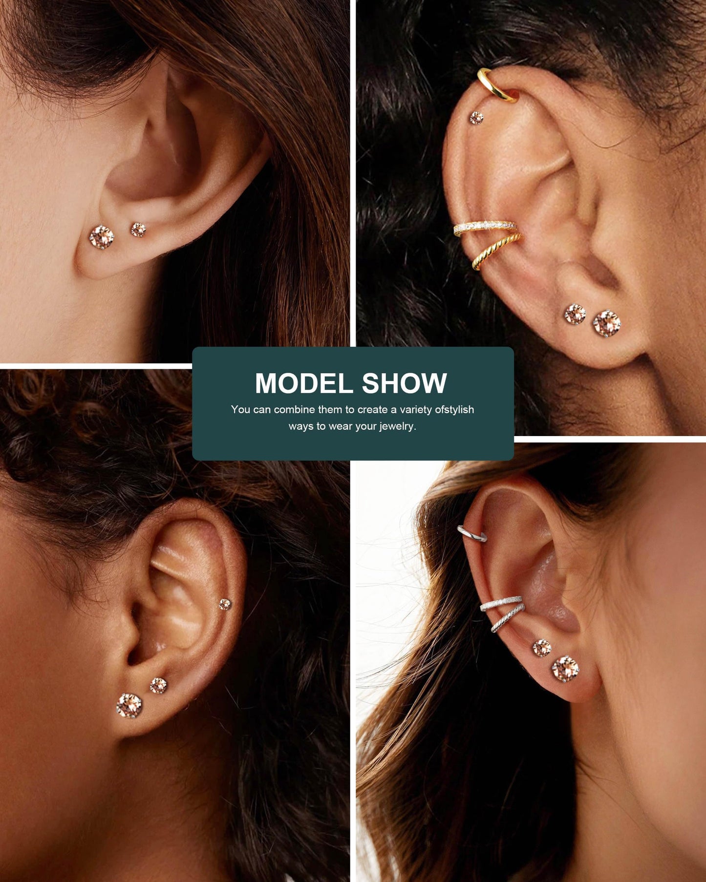 6 Pairs Stud Earrings Set, Hypoallergenic Cubic Zirconia Earrings 316L Stainless Steel CZ Earrings 3-8mm (Champagne CZ)