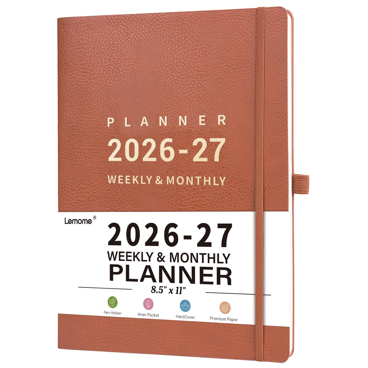 Planner 2026-2027 - 2026-2027 Planner Weekly and Monthly, 8.5" x 11", July 2026 - June 2027, Faux Leather Cover, Pen Holder, Pocket, 25 Notes Pages, A4 Premium Paper - Brown