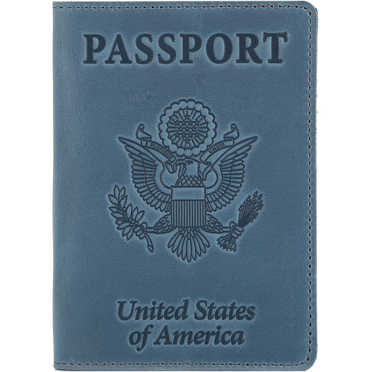 Shvigel US Leather Passport Book Cover - Thin American Travel Passport Holder - Premium International USA Passport Protector Case for Women Men (Light Blue Vintage)