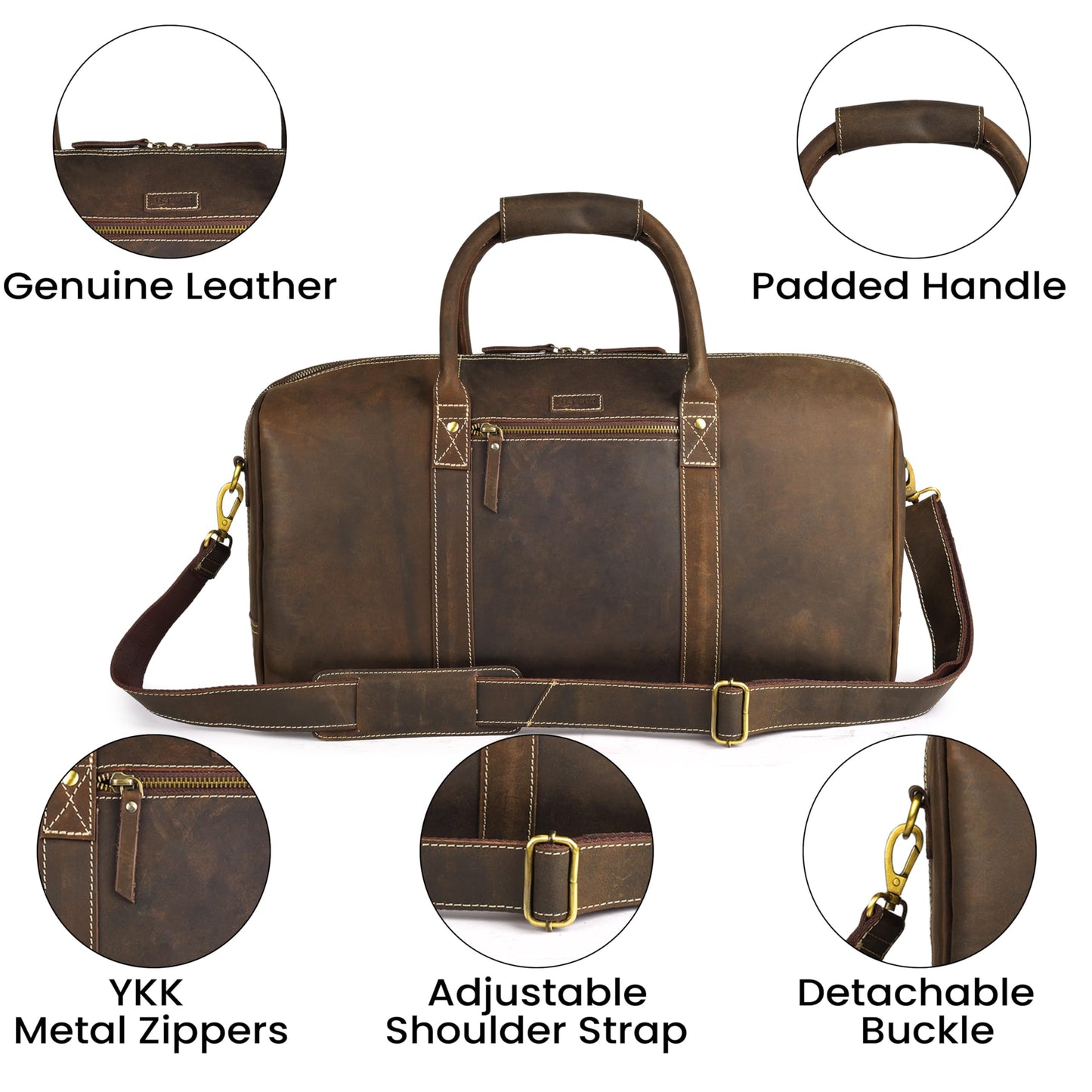 Rasavi Leather Duffel Bag for Men & Women – 20 Inch Travel Weekender, Carry-On, Overnight Travel, Sports & Gym Luggage Bag- Brown