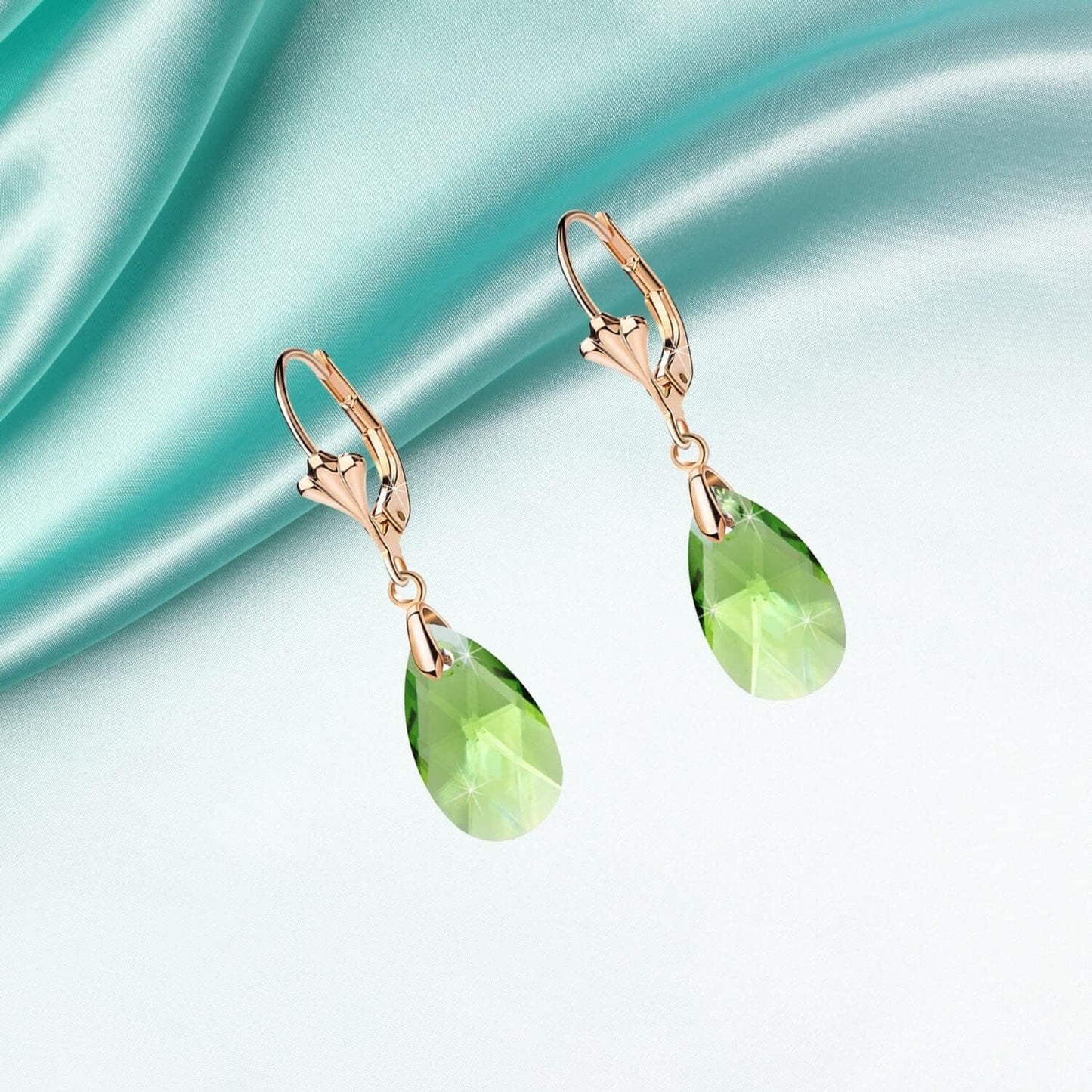 Austrian Crystal Teardrop Leverback Dangle Earrings for Women Fashion 14K Gold Plated Hypoallergenic Jewelry (Green)