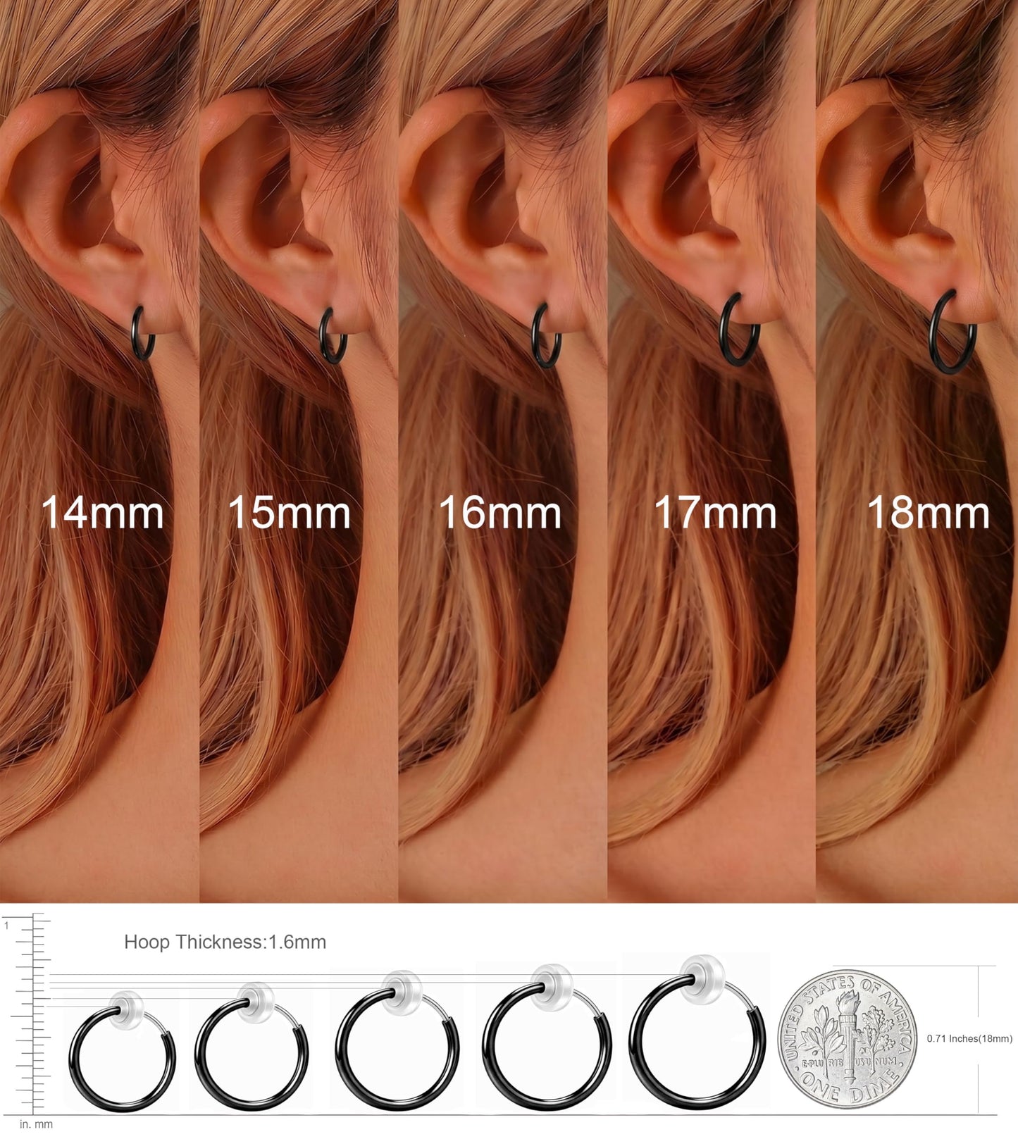 PLOMFOV Clip On Hoop Earrings for Women Small Black Plated Clip On Earrings Women Fake Hoop Earrings Non Pierced Earrings 14mm-18mm