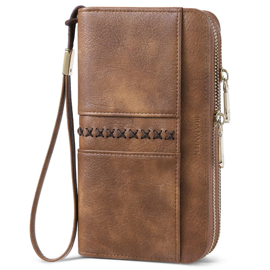 BOSTANTEN Wallets for Women Leather RFID Double Zipper Around Credit Card Holder Large Capacity Wristlet Clutch Wallet with Grip Hand Strap Brown