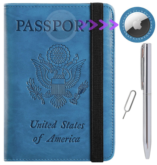 Airtag Passport Holder Cover Wallet Travel Essentials RFID Blocking Leather Card Case International Must Haves Travel Accessories for Women Men(119#Blue)