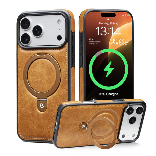 Bullroye for iPhone 17 Pro Max Case Leather Top-Grain Handcrafted with Stand, Fits for MagSafe (English Tan, iPhone 17 Pro Max)