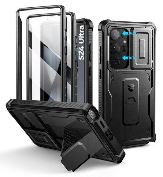 Dexnor for Samsung Galaxy S24 Ultra Case with Built-in Slide Camera Cover & Screen Protector & Kickstand, Shockproof Rugged Case Full-Body Bumper Protective Cover for Galaxy S24 Ultra (2024),Black