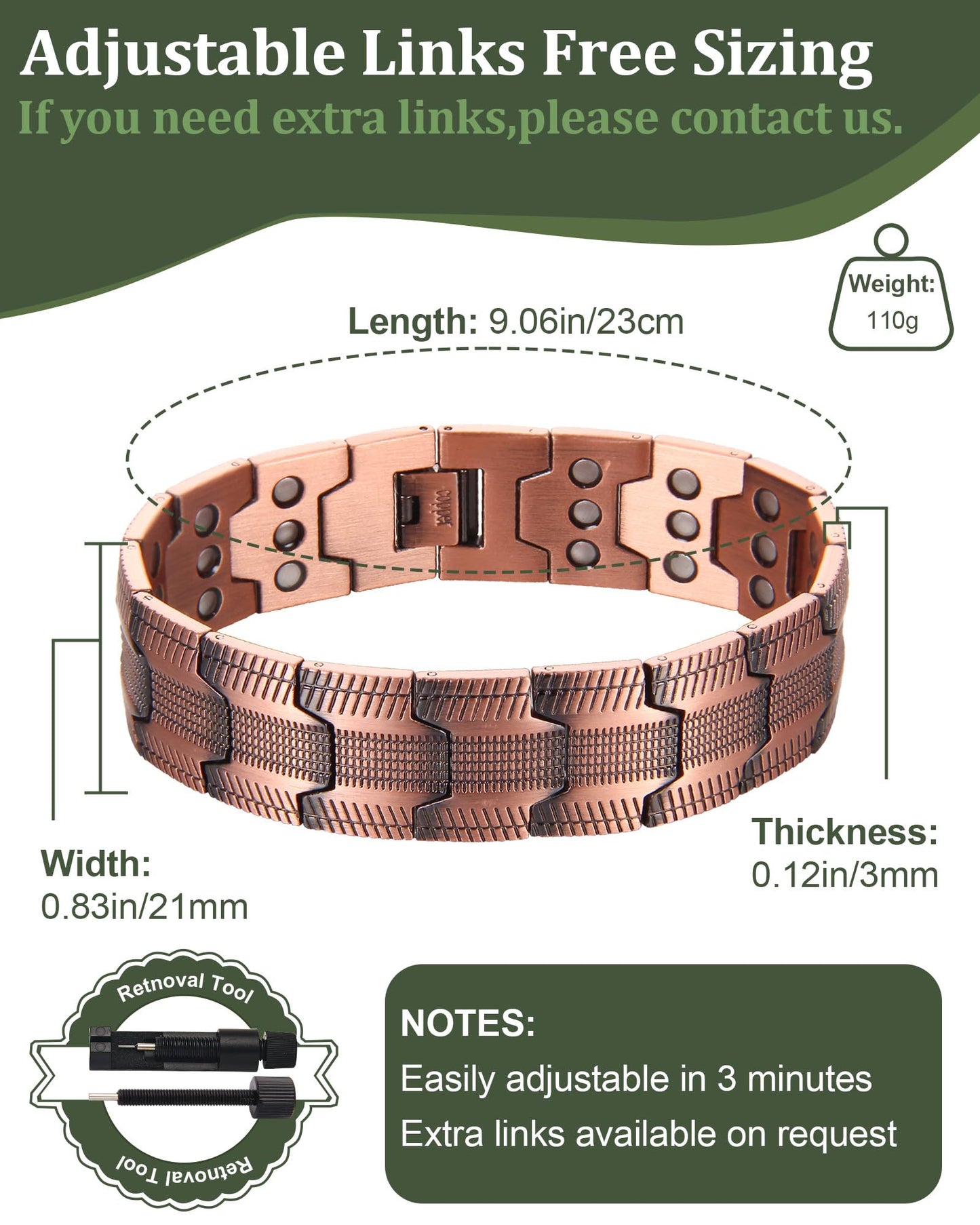 Fashtour 3X Copper Bracelet for Men Triple Ultra Strength Magnets, Masculine Design Pure Copper Magnetic Bracelet, Adjustable Length with Sizing Tool