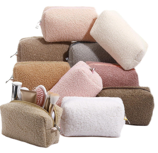 Paterr 10 Pcs Valentine Plush Makeup Bag Bulk Gift for Women Coworkers Preppy Fleece Makeup Pouch Cosmetic Bag Fuzzy Zipper Travel Toiletry Pouch for Wedding Bachelorette(Classic Color)