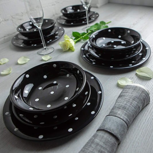 Handmade Black and White Polka Dot Ceramic 12 piece Dinnerware Set | Pottery Tableware Service for 4 | Dinner Plates | Side Plates | Bowls | Housewarming Gift by City to Cottage®
