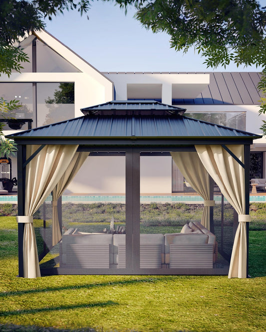 GarveeLife 12 ft x14 ft Hardtop Gazebo for All Weather, with Double Metal Roof, Aluminum Alloy Frame, Net, and Curtain, Permanent Building for Patio, Deck, Backyard, Lawn, and Garden, Khaki
